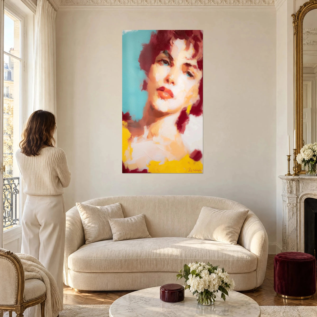 Wall art woman's face with coral lips and burgundy hair on a turquoise background, woman seen from behind, above a sofa in a bright living room