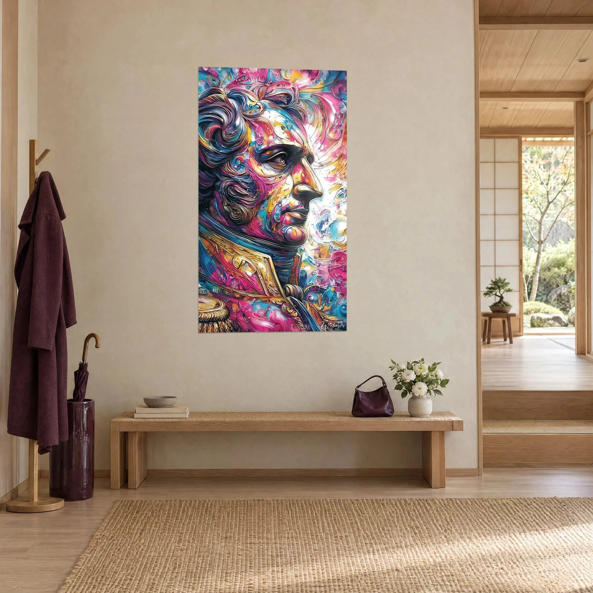 Tableau roi poudré au regard de côté, volutes magenta et jaune safran, perruque bleu nuit, vu de trois-quarts dans un hall japandi