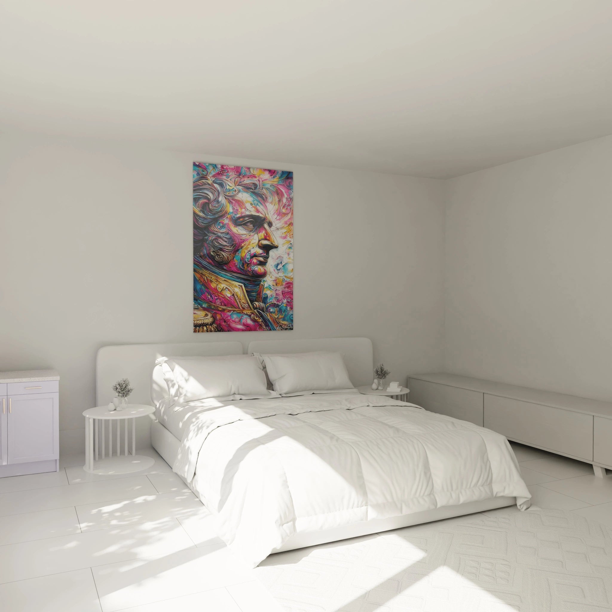 Chambre minimaliste avec lit blanc et tableau portrait Louis XVI coloré signé Walensky