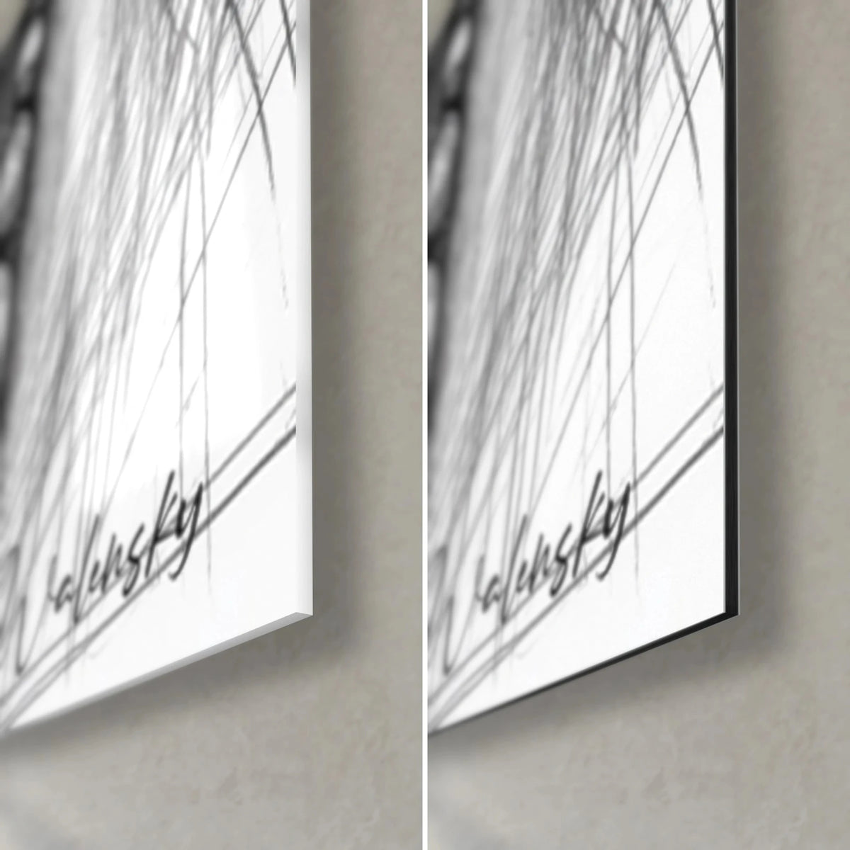 Schilderij schets van een voorouder met tulband, rechtsonder: glanzend glas links, mat Dibond rechts, zwarte handtekening en rand van 3 mm