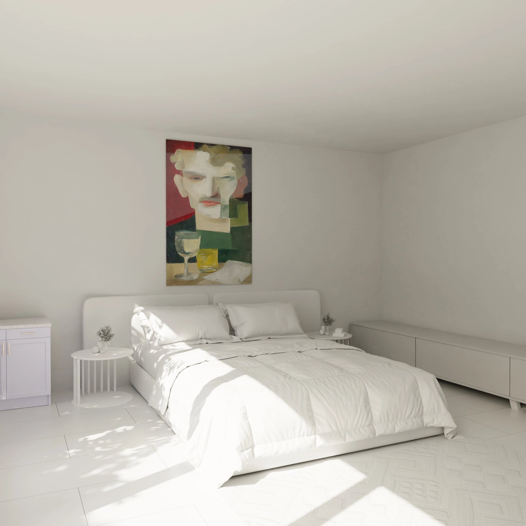 Walensky tableau mural tableau dadaïsme moderne portrait abstrait coloré au dessus d un lit blanc minimaliste
