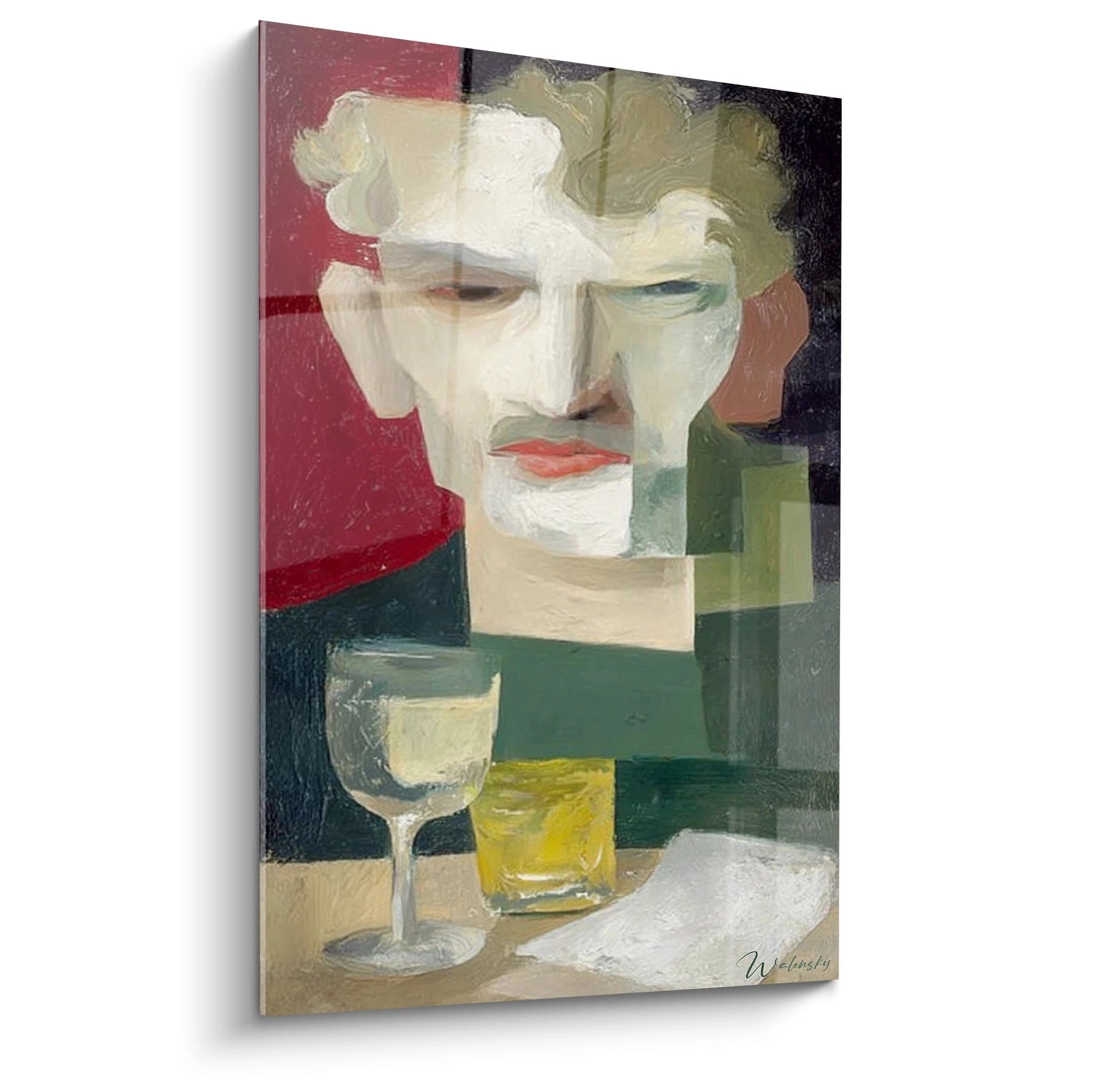 tableau dadaïsme moderne Walensky portrait abstrait d'homme avec verres sur table et fond géométrique