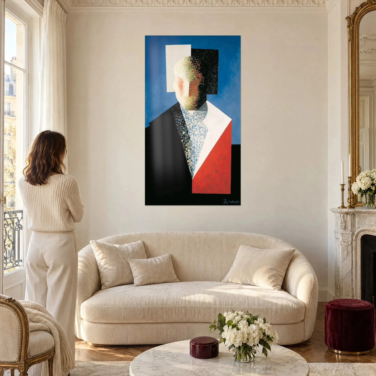 Tableau buste cubiste au visage pointilliste crème et vert sur fond bleu, rectangle blanc, veste rouge, au-dessus d'un canapé dans un salon lumineux