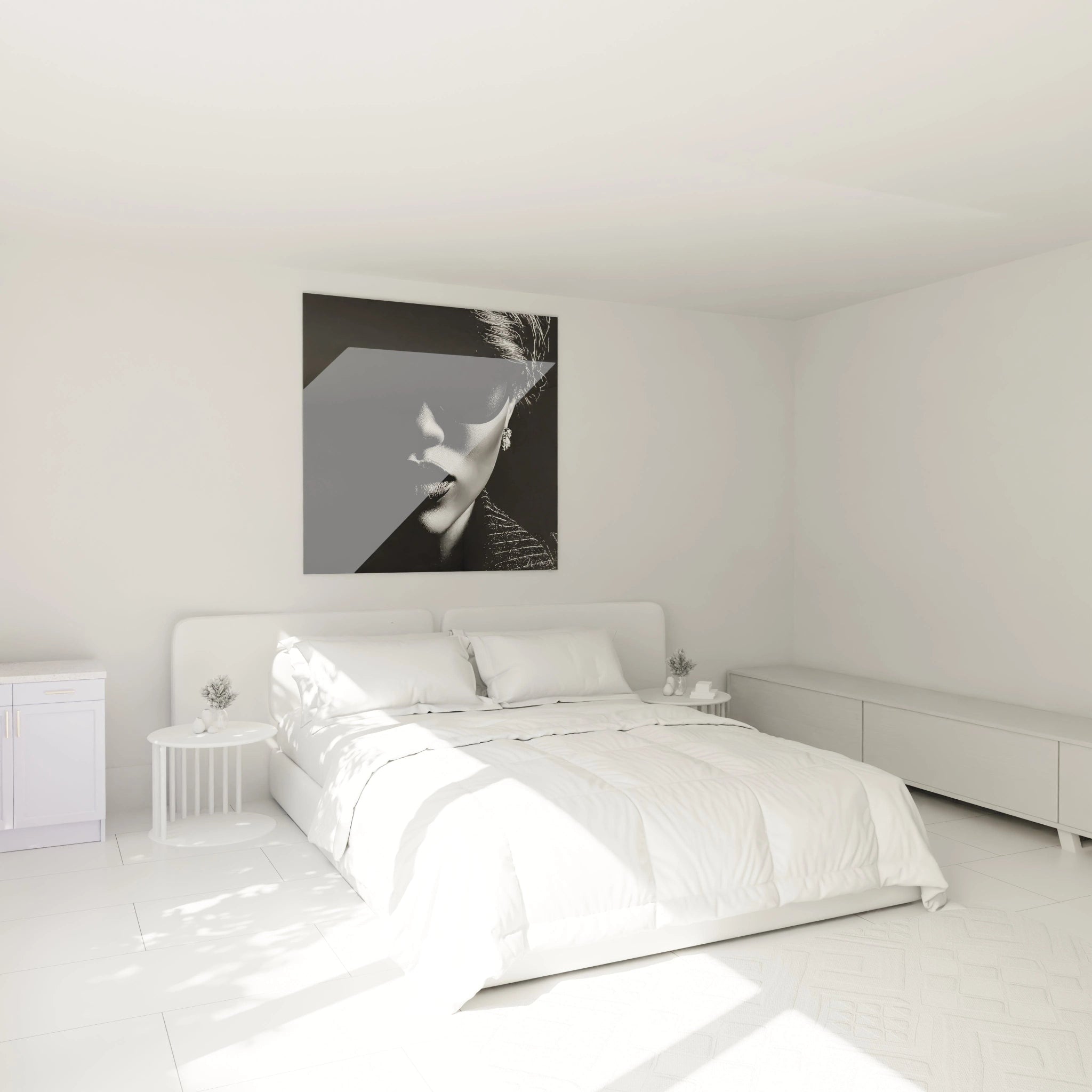 Tableau portrait noir et blanc de Walensky accroché au mur d'une chambre moderne et lumineuse