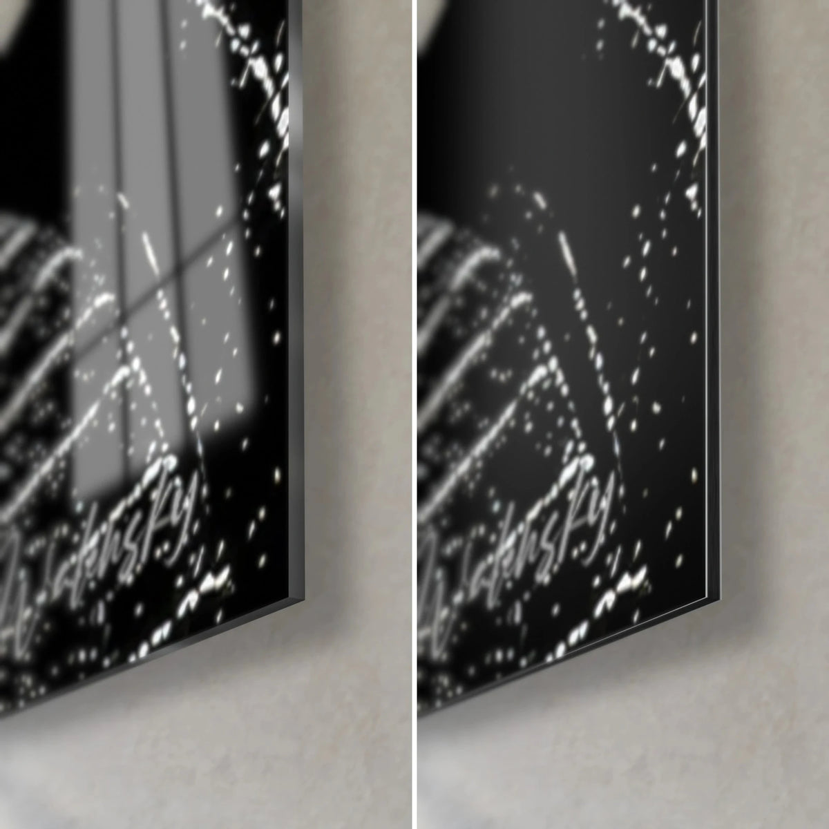 Tableau silhouette en lunettes noires, coin bas droit : verre acrylique brillant aux reflets, alu Dibond mat blanc, tranche de 3 mm