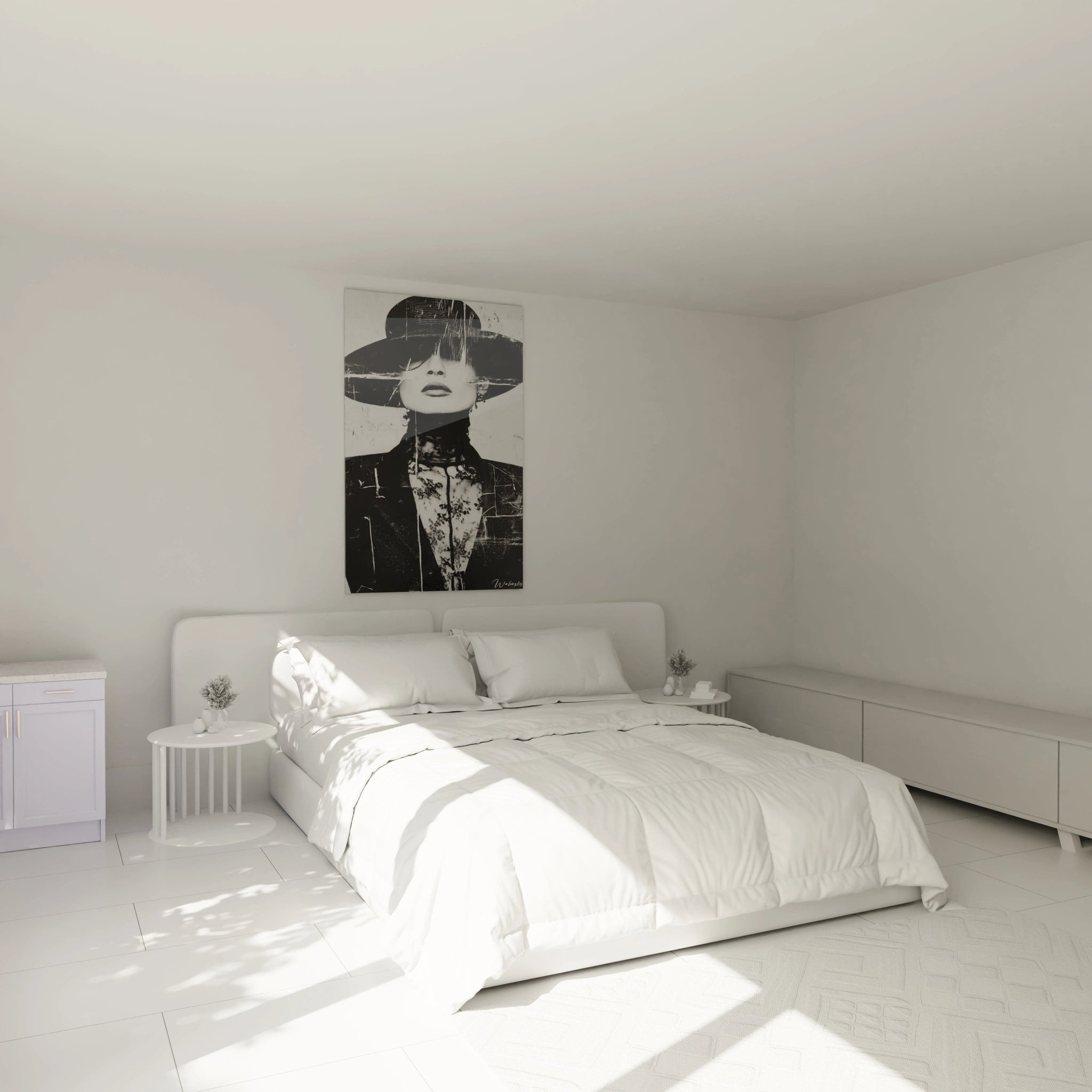 Tableau mural portrait artistique noir et blanc mettant en valeur une femme élégante dans une chambre moderne
