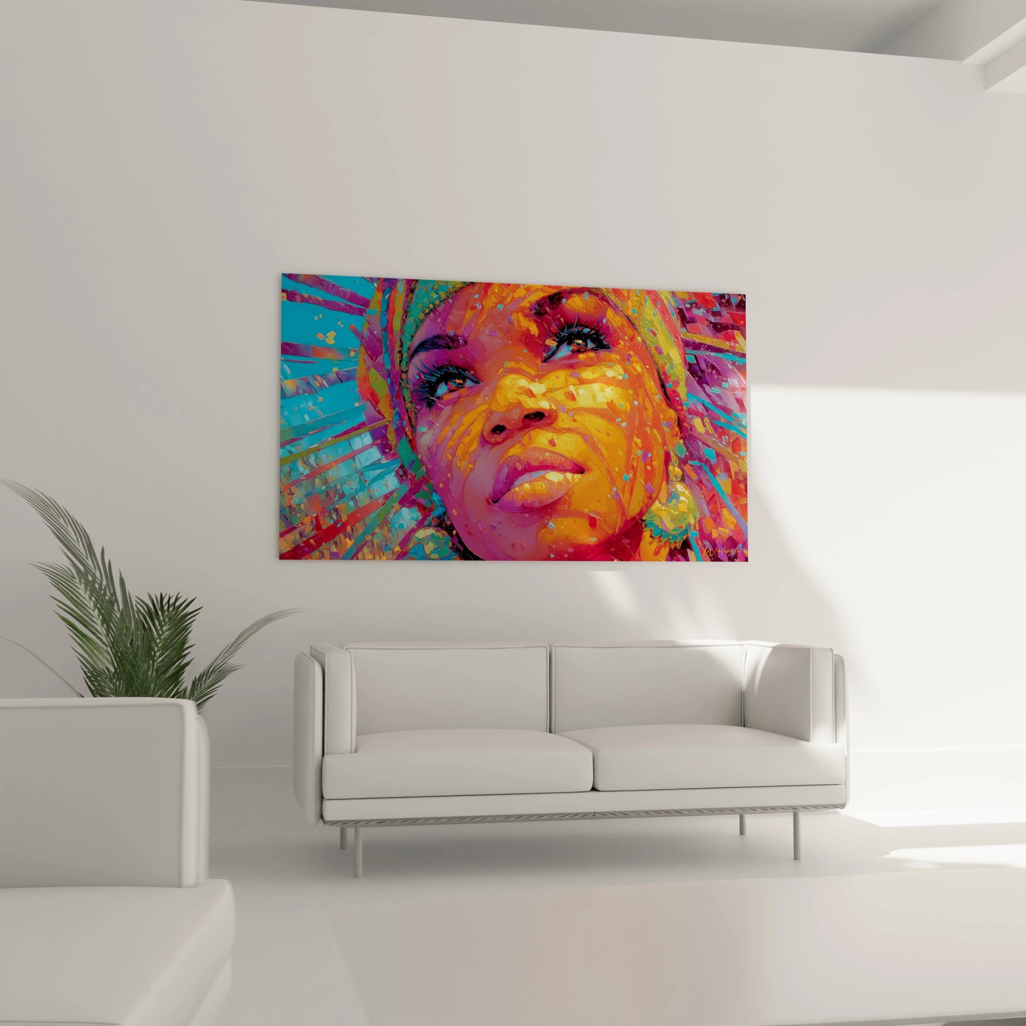 Tableau portrait femme africaine multicolore de Walensky accroché au mur, mettant en valeur des couleurs vives