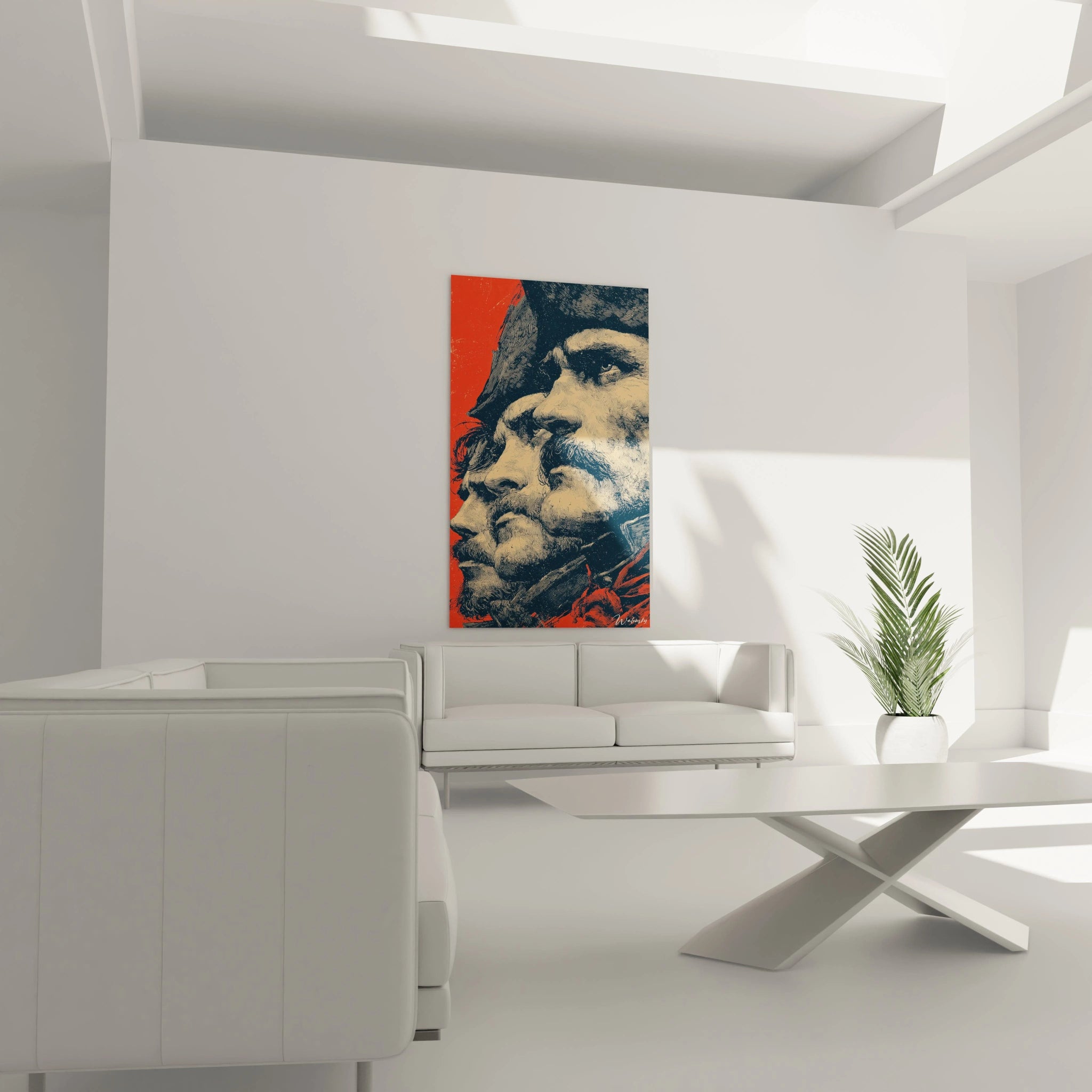 Walensky tableau portrait barbu révolution française style pop art accroché au dessus d un canapé blanc dans salon minimaliste