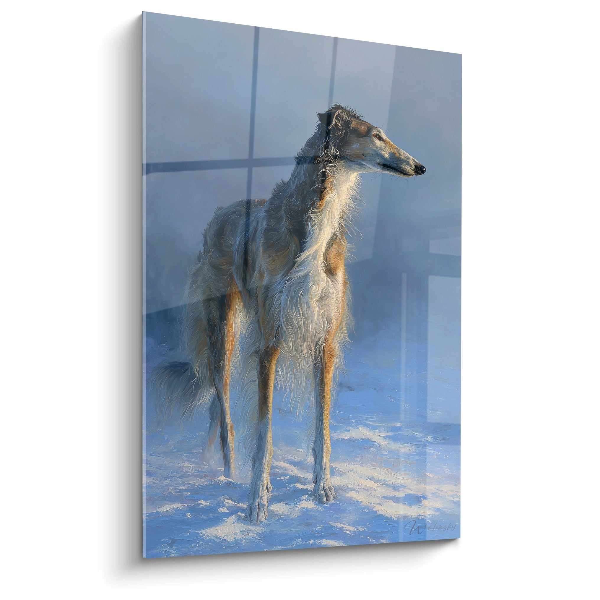 Portrait élégant de Barzoi aux tons bleus et dorés, lévrier russe en posture majestueuse baigné de lumière chaude