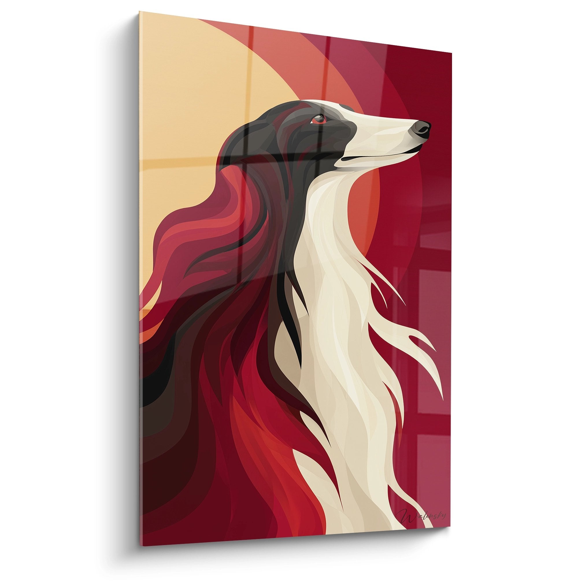 Portrait artistique de Barzoi de profil sur fond de flammes rouges et orangées dans un style géométrique moderne