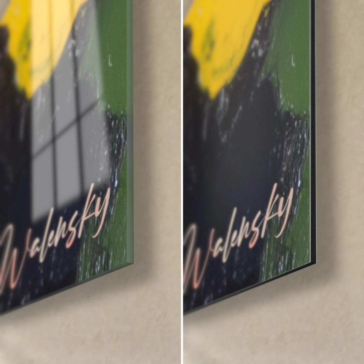 Gemälde junge Frau in grünen und gelben Flächen, untere rechte Ecke: glänzendes Glas links, mattes Dibond-Aluminium rechts, 3 mm Kante