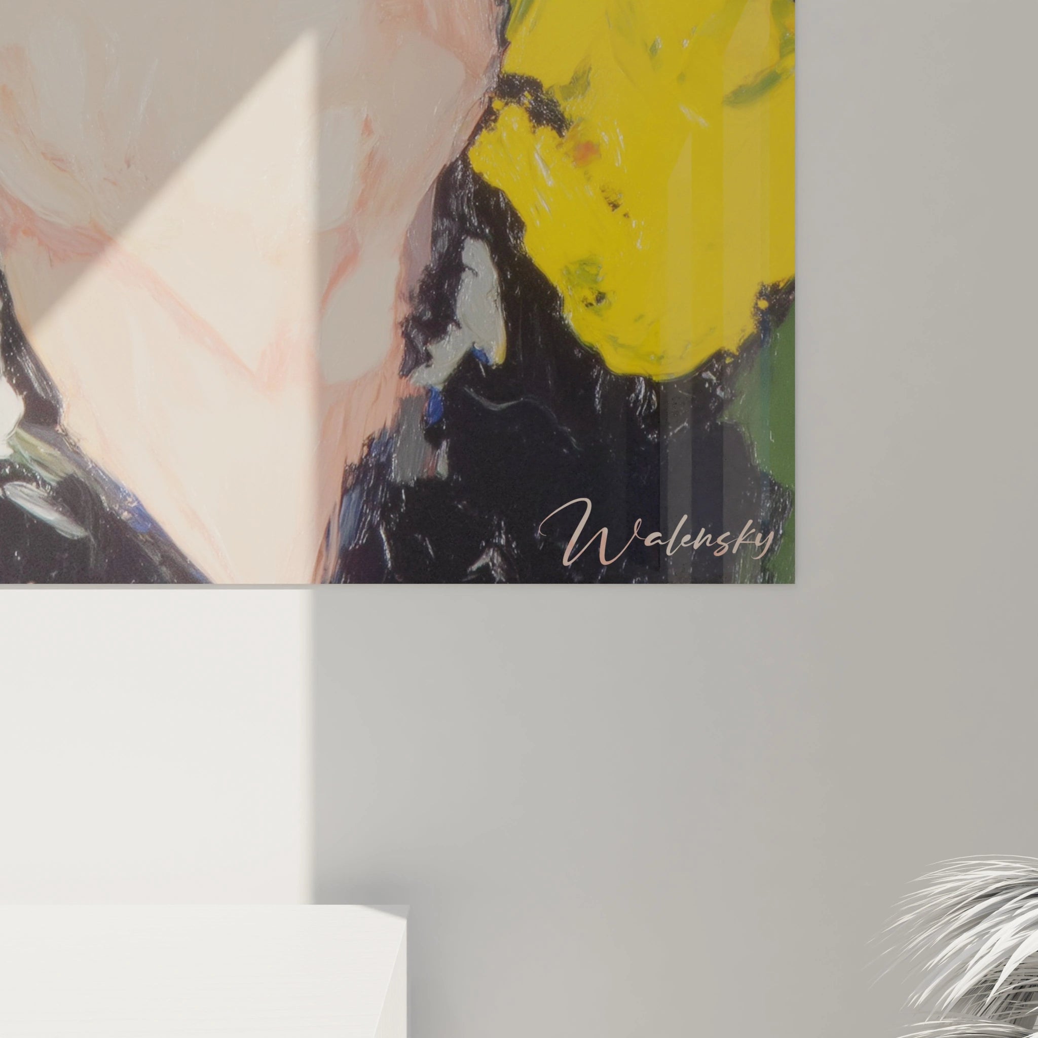 Walensky tableau portrait impressionnisme en gros plan coin d une toile murale aux grandes touches jaunes noirs et tons chair