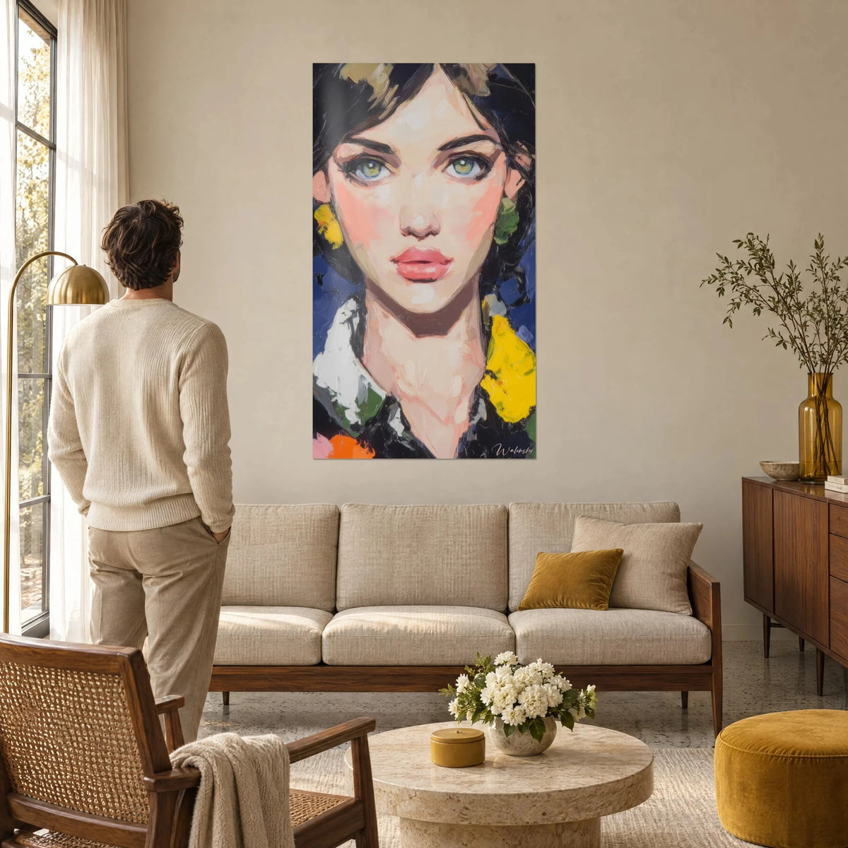 Gemälde Porträt einer jungen Frau mit grünen Augen und korallrosa Lippen, nachtblauer Hintergrund, gelbe Locken, über einem Sofa in einem hellen Wohnzimmer