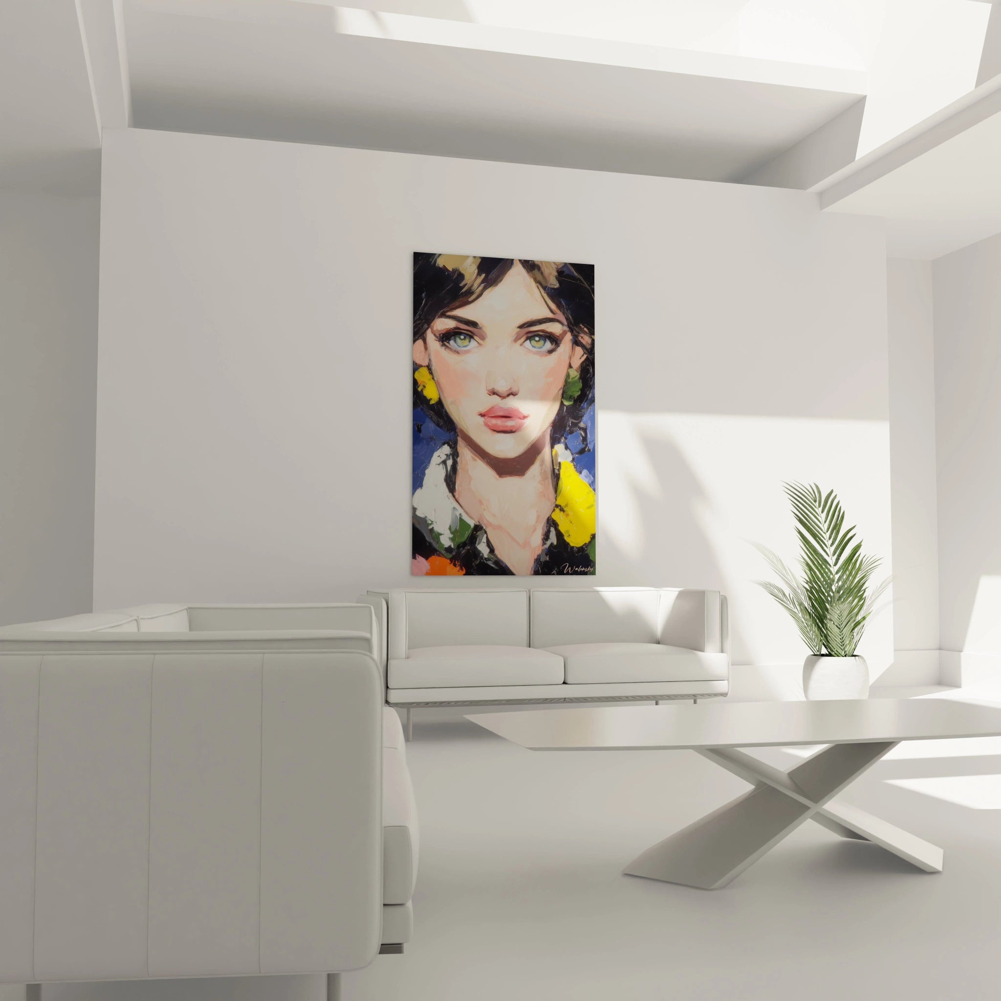 tableau portrait impressionnisme Walensky accroché dans un salon moderne blanc représentant un visage féminin coloré