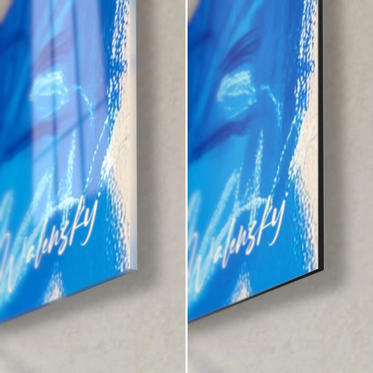 Gemälde Porträt in elektrischem Blau, untere rechte Ecke: glänzendes Acrylglas mit Spiegelungen und mattschwarzes Alu-Dibond, 3 mm Kante