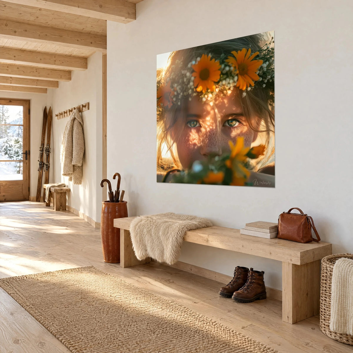 Cuadro mirada verde esmeralda bajo una corona de flores naranjas y gypsophila blanca, pared crema de un pasillo de madera clara