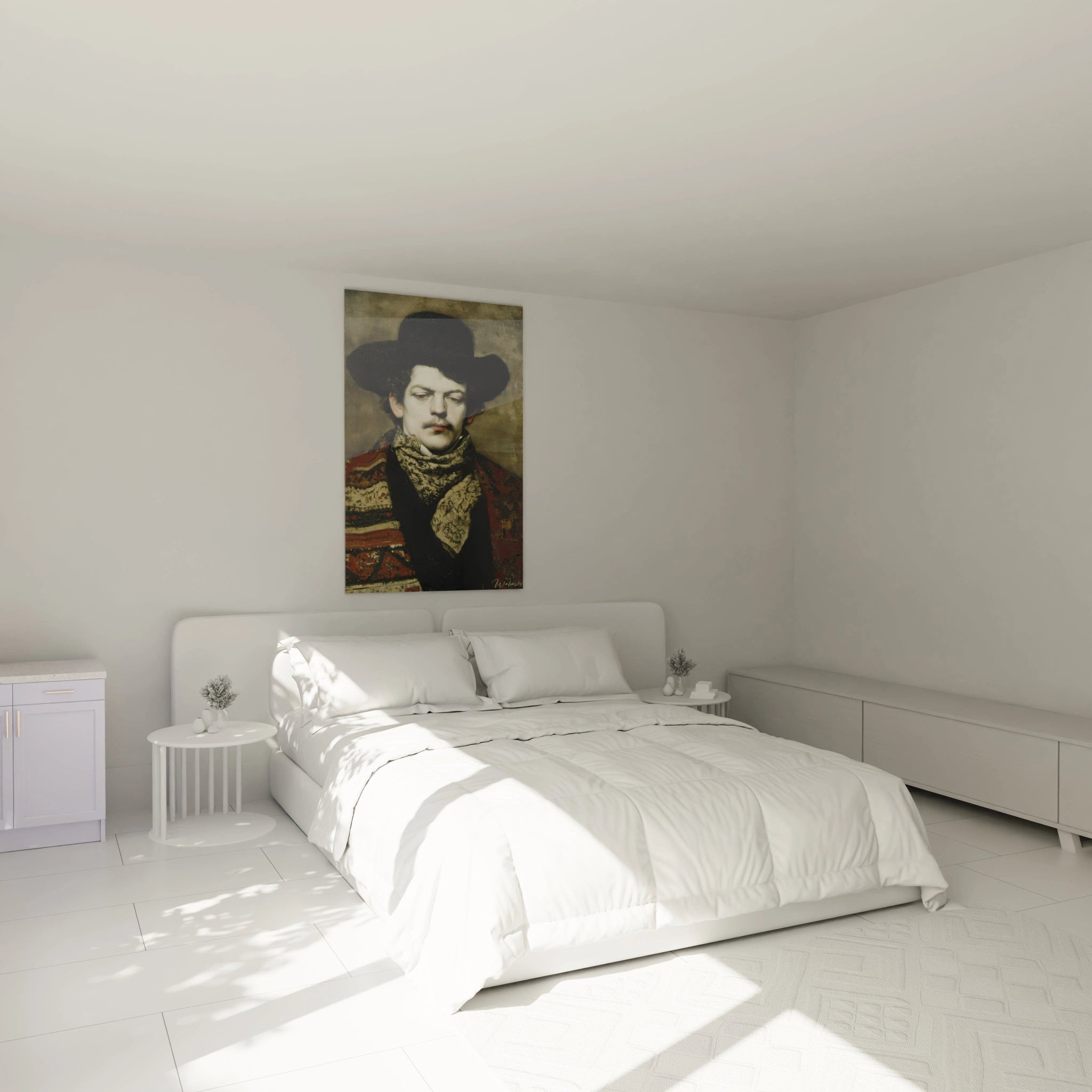 Tableau mural Walensky montrant un tableau portrait bourgeois romantique d un homme au chapeau accroche au dessus d un lit blanc