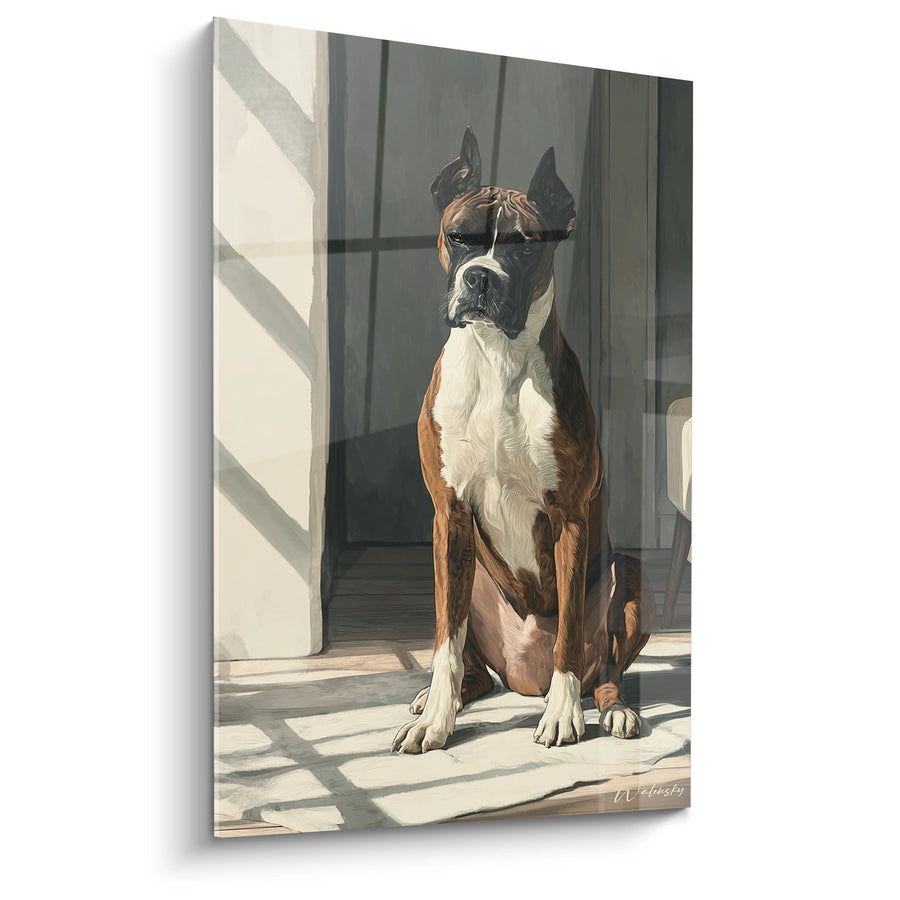 Tableau Boxer Fauve au Regard Perçant dans Véranda Moderne - Noblesse Canine - Edition Boxer
