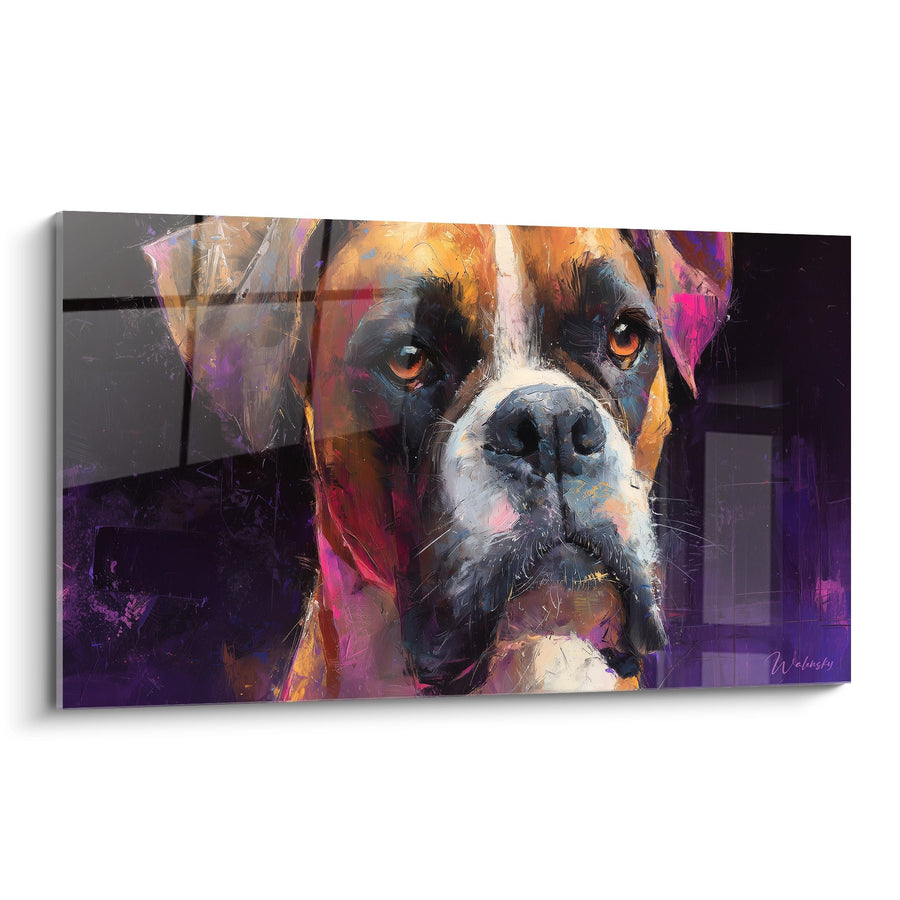 Tableau Portrait de Chien aux Tons Orange et Violet - Regard Expressif - Edition Boxer