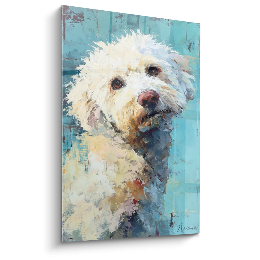 White Poodle with Expressive Eyes on Blue Background - Artistic Portrait - Poodle Edition