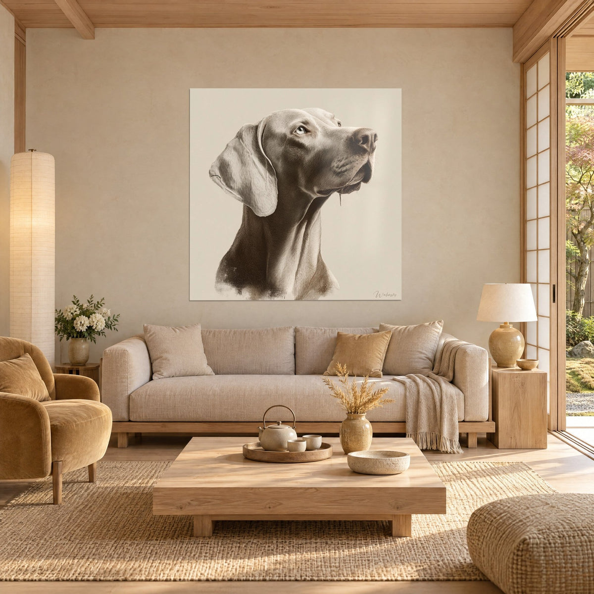 Πίνακας Weimaraner που κοιτάζει ψηλά, ασημί-γκρι τρίχωμα σε άμμου-μπεζ φόντο, κρεμασμένο αυτί, πάνω από καναπέ σε φωτεινό σαλόνι