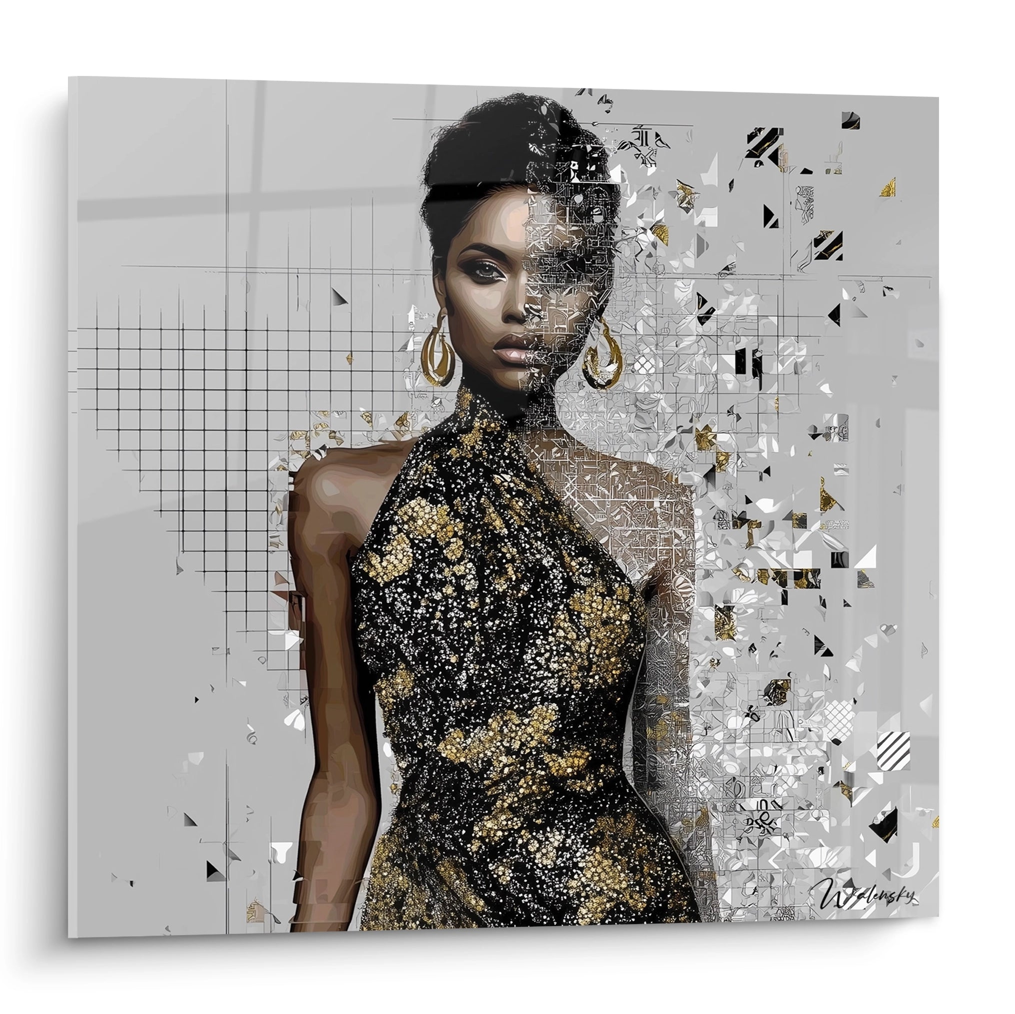 Tableau portrait chic haut de gamme représentant une femme élégante en robe artistique et moderne