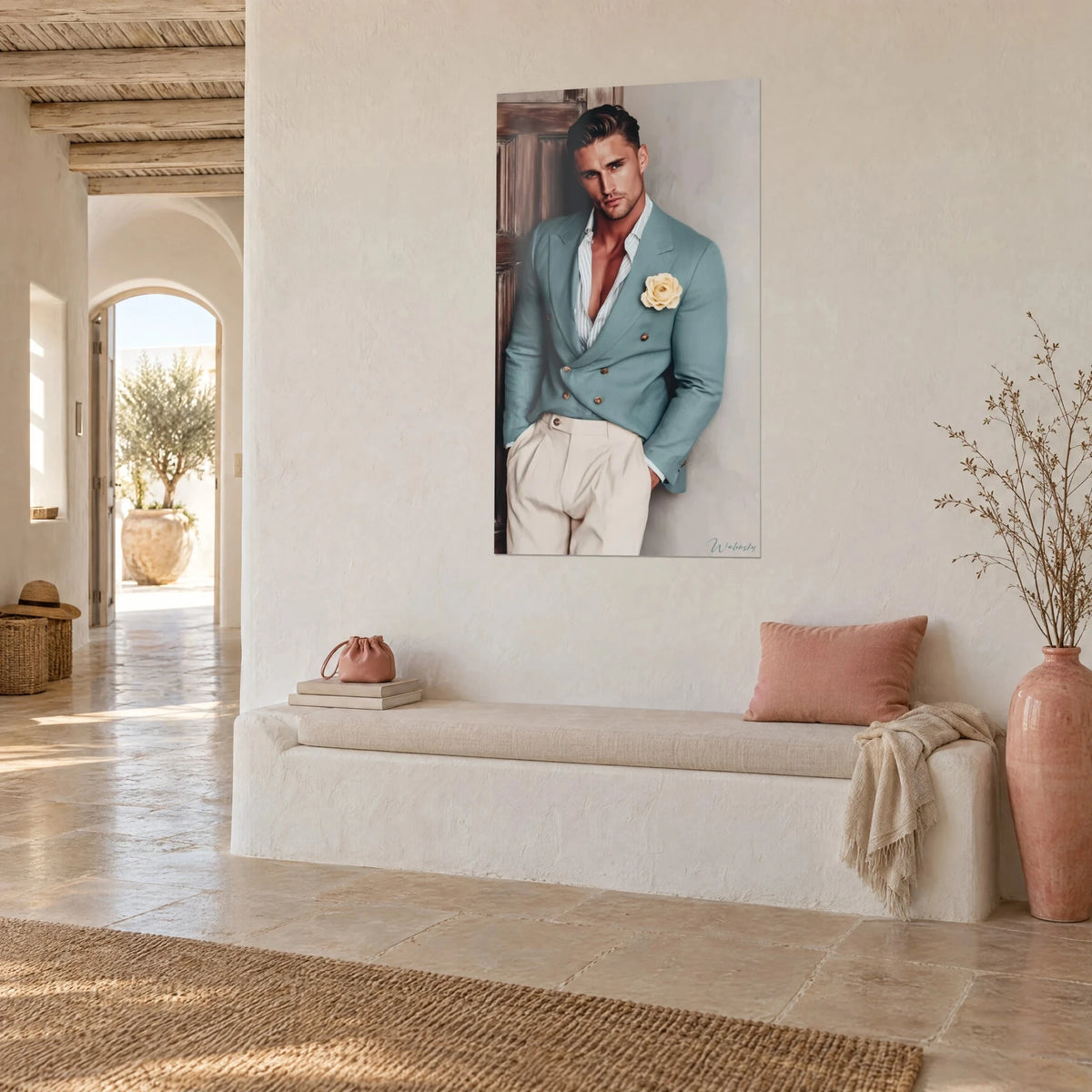 Wall art portrait of a dandy in a crossed blue-green jacket and beige trousers, yellow-pink buttonhole, white rendered wall, Mediterranean house