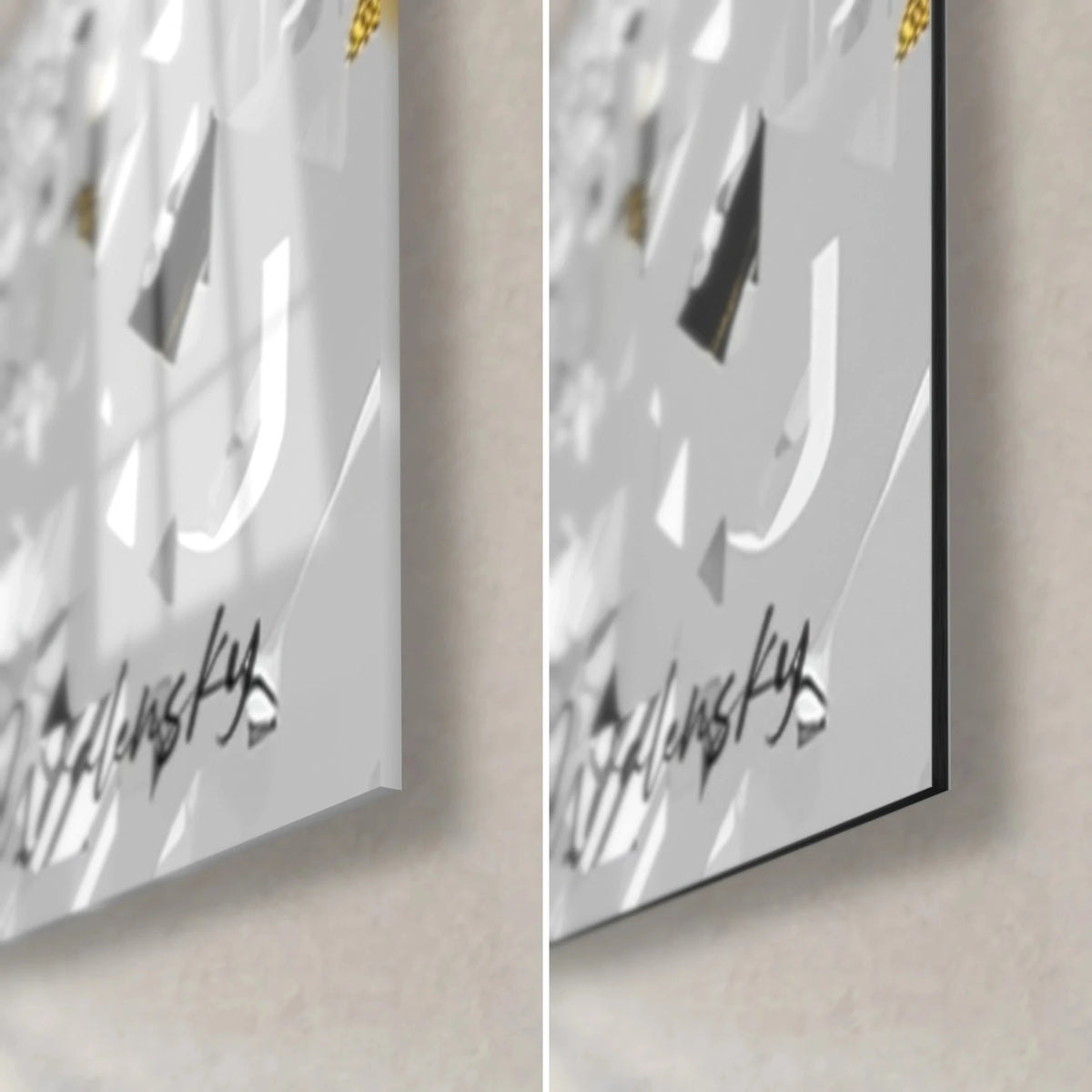 Wall art portrait of a woman in a sequined dress, grey and black corner bottom right, Walensky signature, glossy glass and matte Dibond