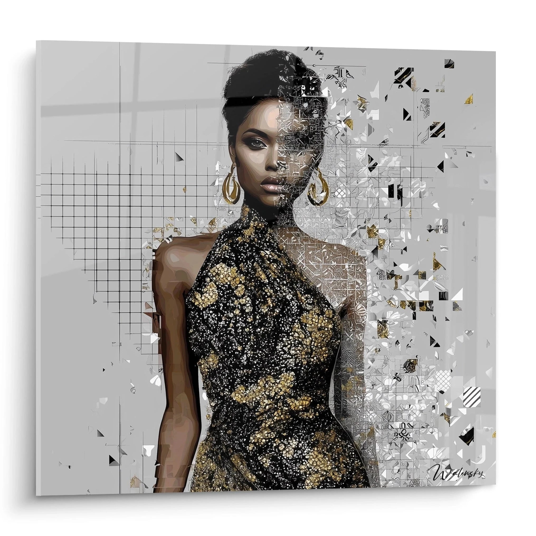 Tableau portrait chic haut de gamme représentant une femme élégante en robe artistique et moderne