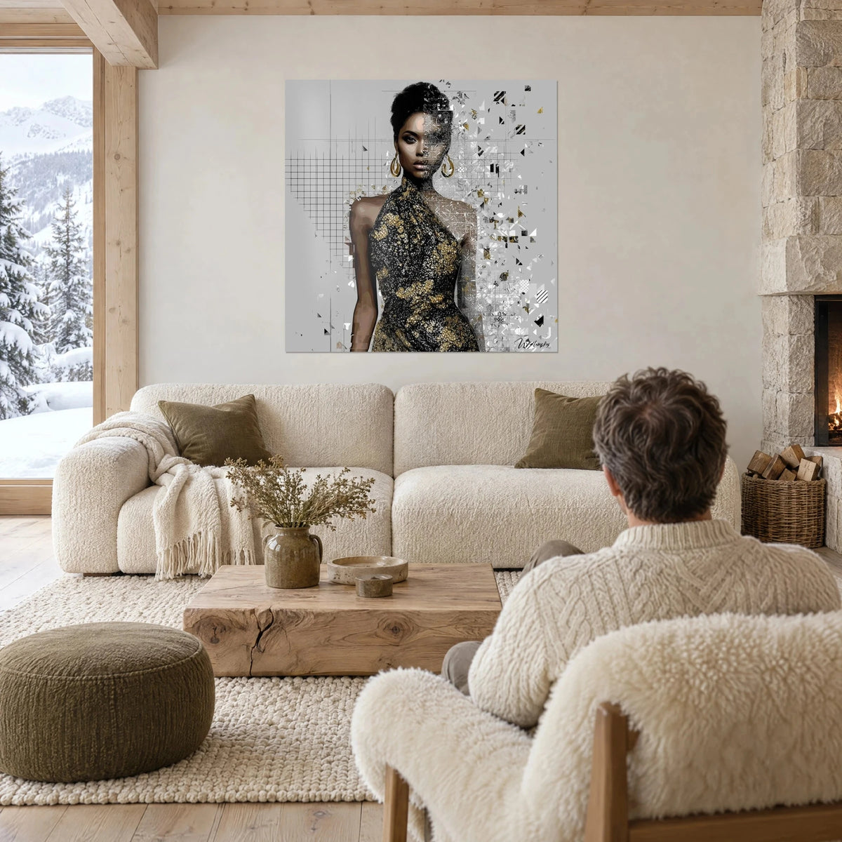 Wall art of an elegant woman in a black sequined gold dress with golden curls, above a sofa in a bright living room