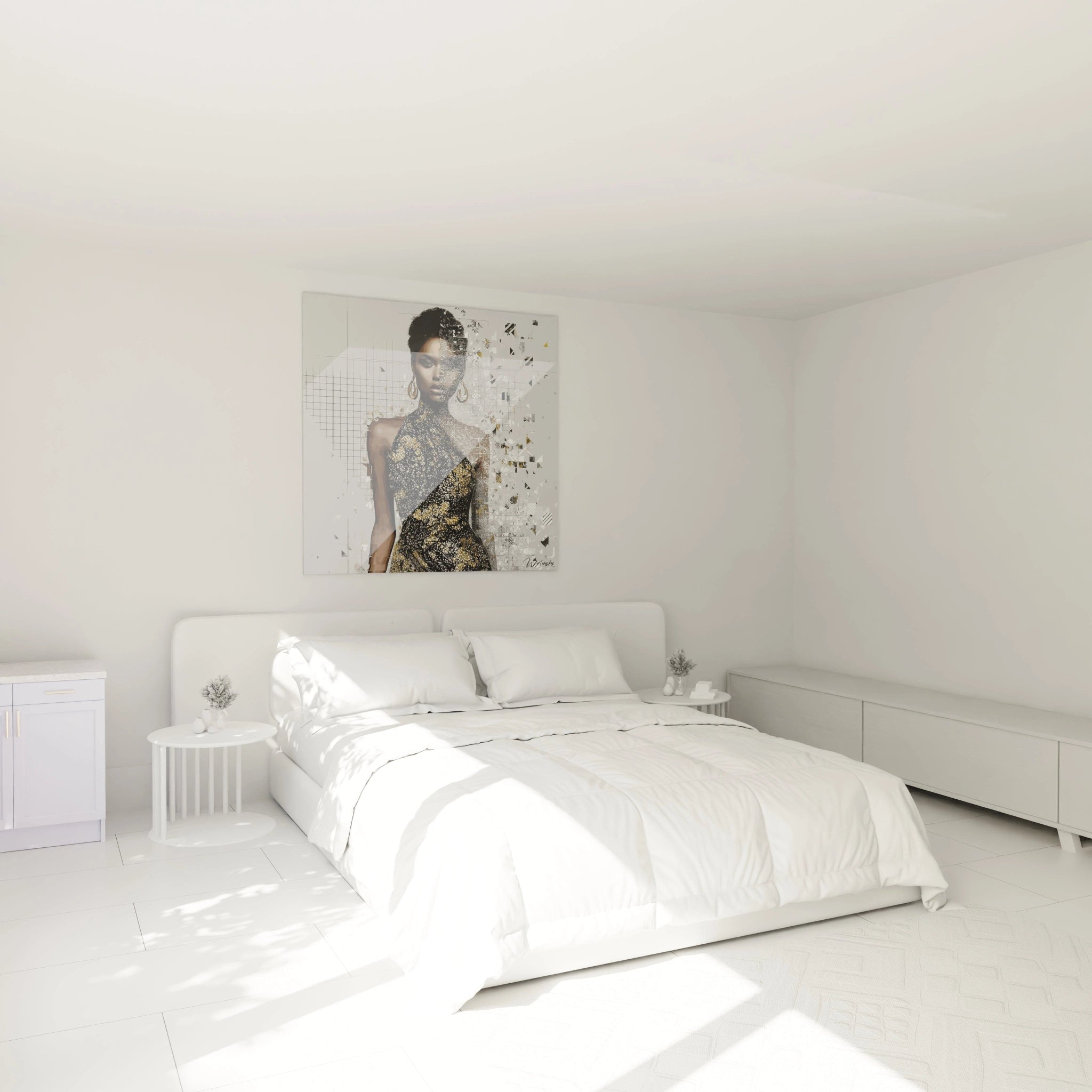 Tableau portrait chic haut de gamme représentant une femme élégante dans une chambre moderne et lumineuse