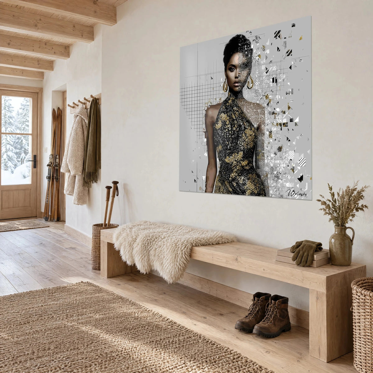 Wall art of a model with a high bun and an asymmetric black and gold dress, grey mosaic on the right, in a chalet entrance