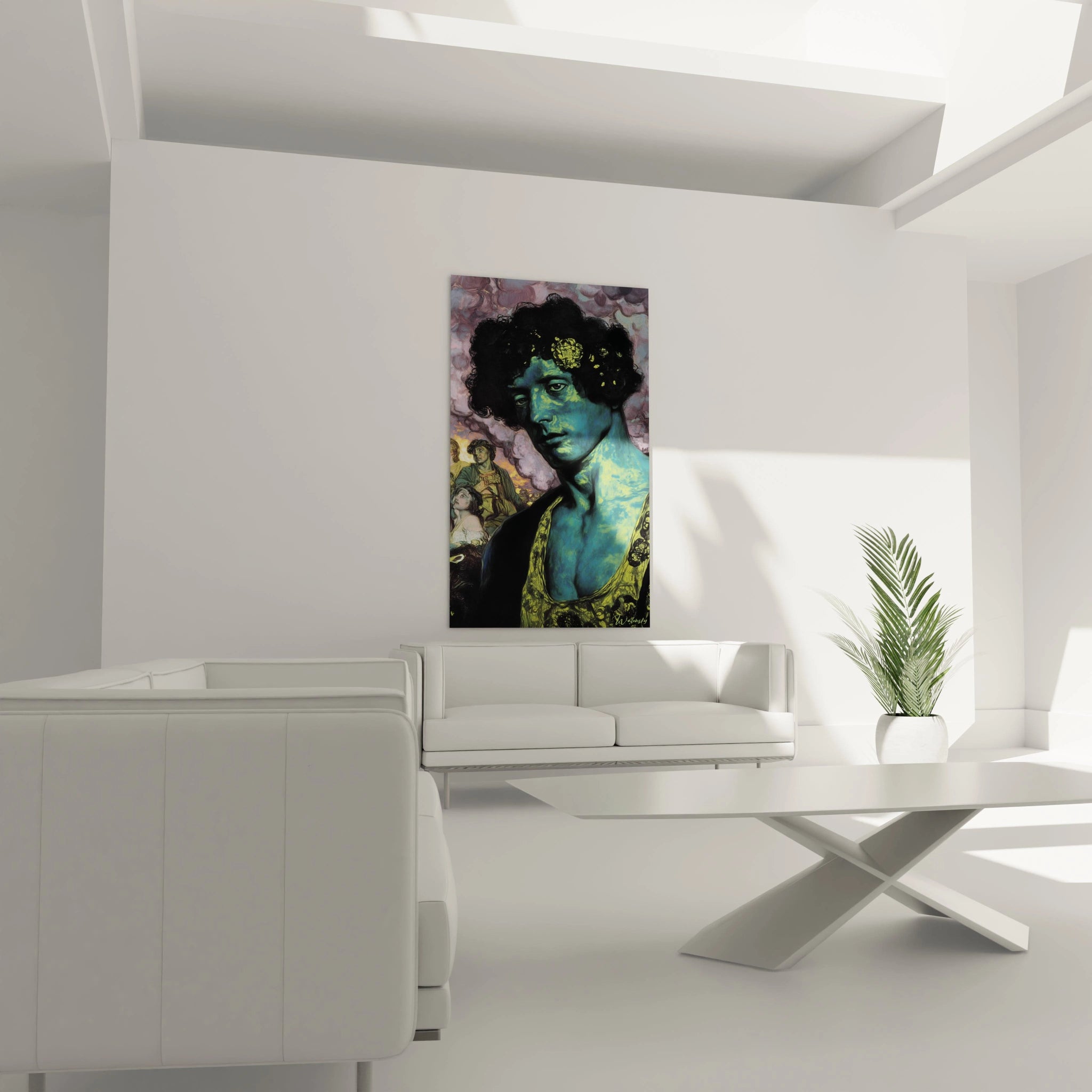 tableau préraphaélite moderne Walensky portrait féminin bleu vert sur toile accroché au dessus d'un canapé blanc