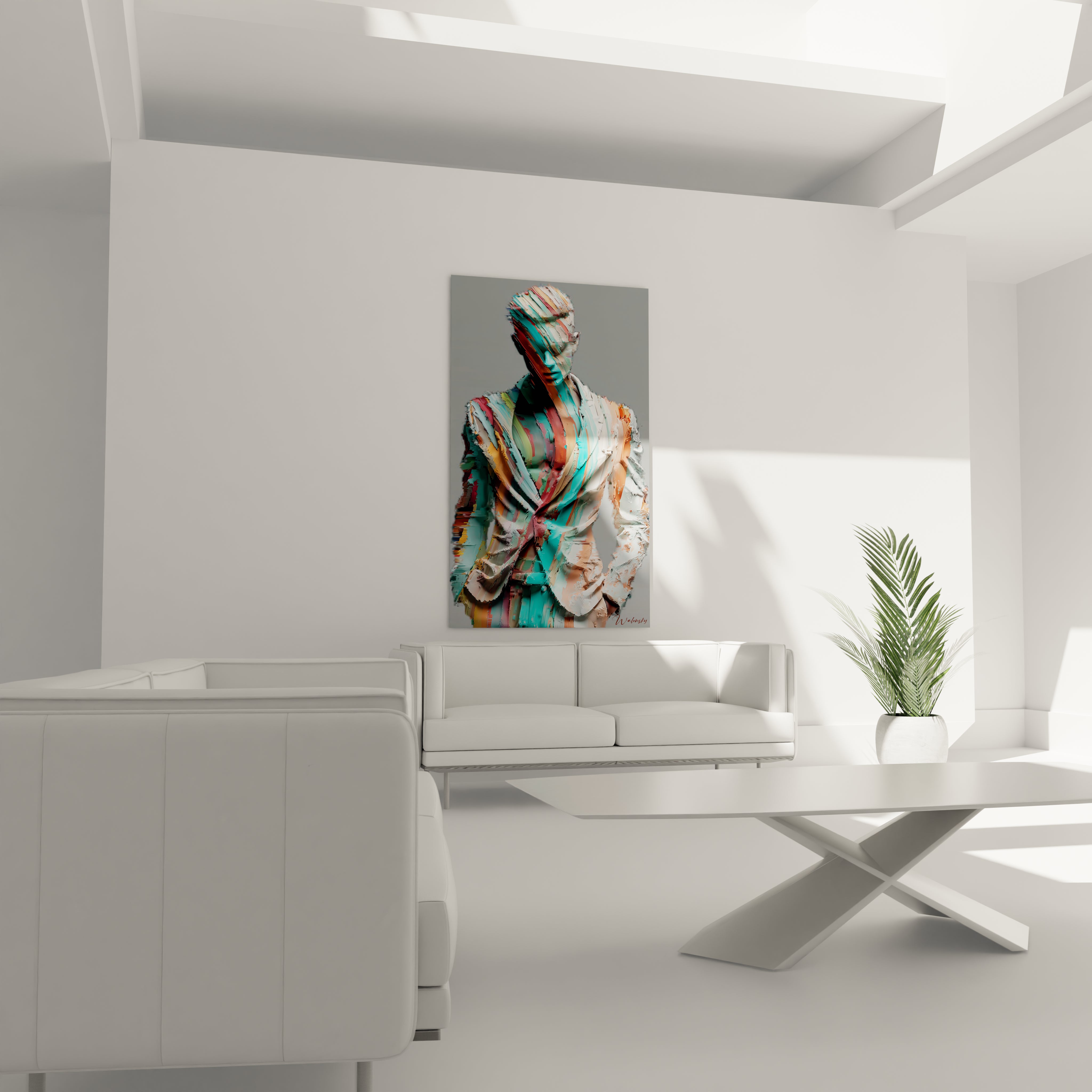 Tableau portrait contemporain homme de Walensky sur un mur lumineux avec un canapé moderne