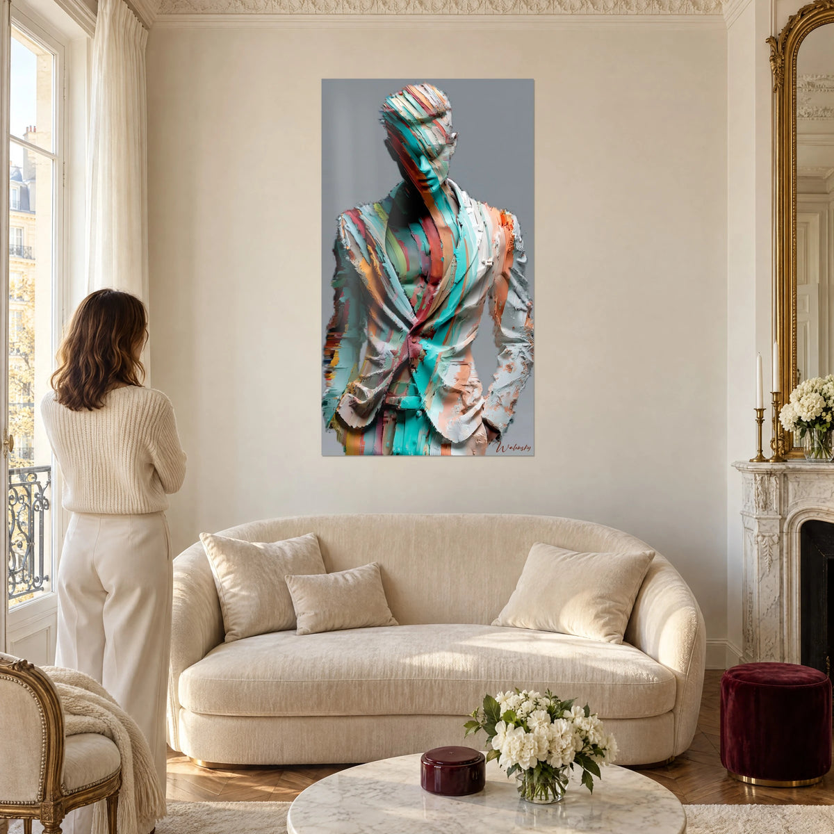 Quadro uomo in abito scolpito con pennellate a spatola turchese e corallo, sfondo grigio, sopra un divano in un soggiorno luminoso