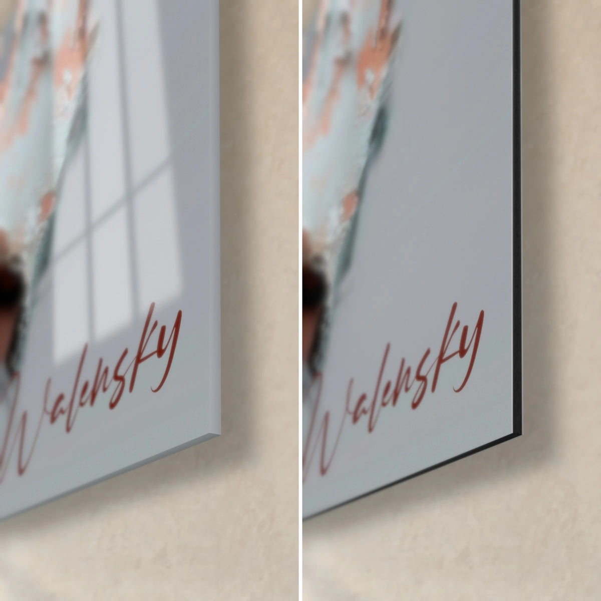 Quadro dandy in giacca a empasto spesso, angolo in basso a destra: firma Walensky rossa su fondo grigio, vetro lucido e Dibond nero opaco