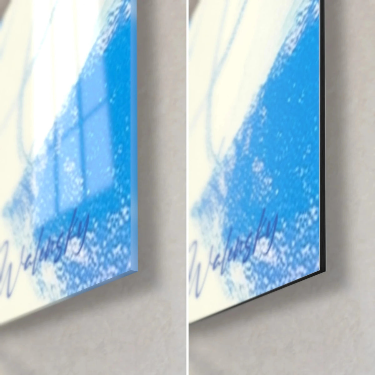 Wall art of a blue and ivory effigy, bottom right corner, Walensky signature, glossy glass on the left, matte Dibond on the right, 3 mm edge