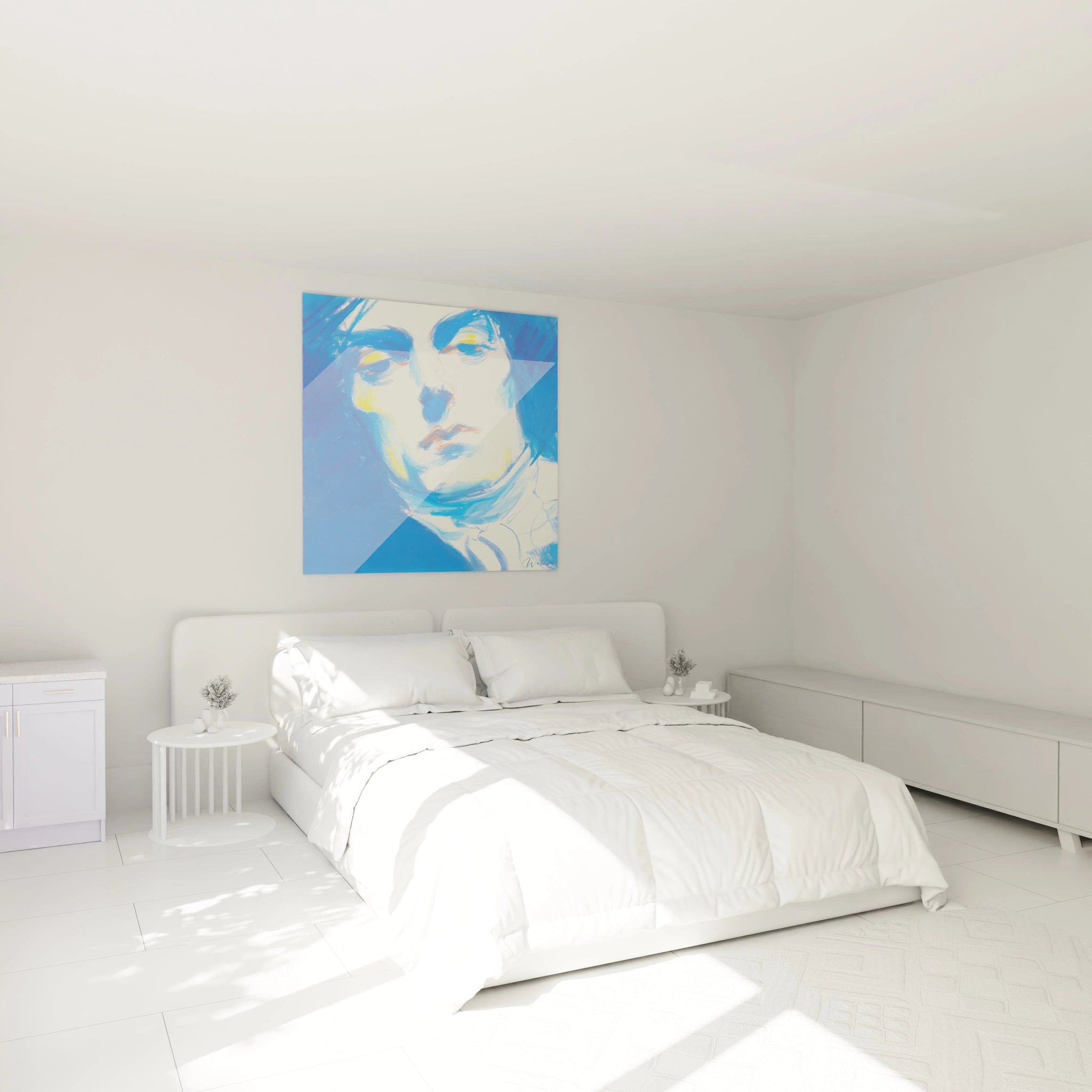 tableau cristal introspectif Louis XIV Walensky accroché au dessus du lit dans une chambre minimaliste