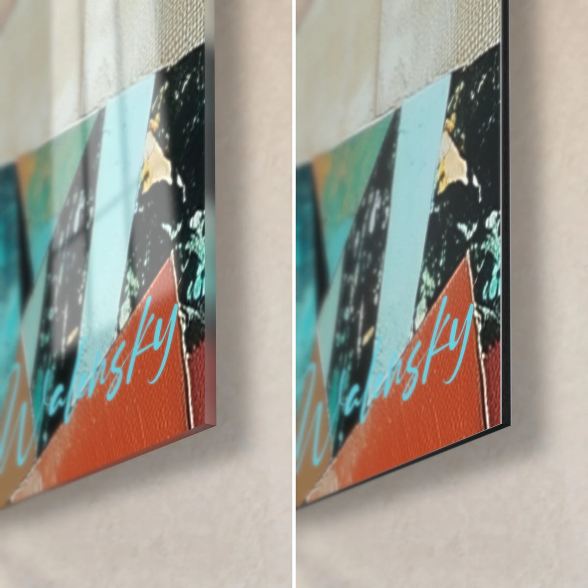 Gemälde Gesicht im Mosaik, untere rechte Ecke: glänzendes Acrylglas links, mattes Dibond-Aluminium rechts, 3 mm Kantenstärke, türkisfarbene und rostrote Akzente