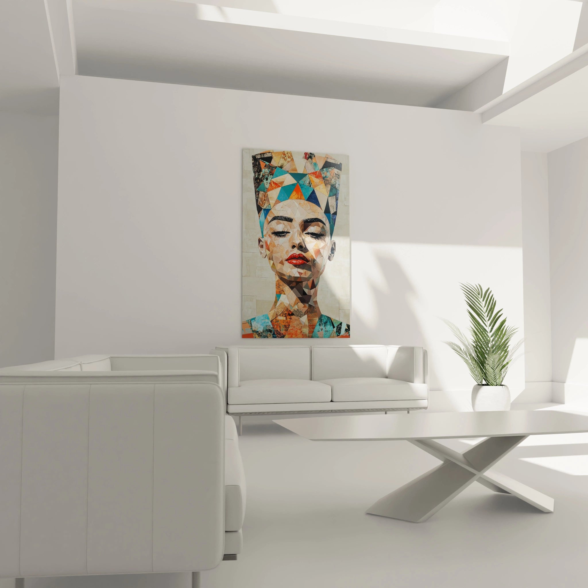 Tableau Egypte mural artistique coloré représentant une femme égyptienne dans un salon moderne