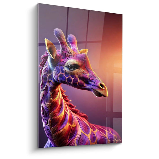Schräge Ansicht eines lebendigen Giraffengemäldes in Violett, Gold, Rosa und Orange mit wellenförmigen Formen im zeitgenössischen, magischen und surrealistischen Stil, das die Majestät und Energie dieses Tieres einfängt.
