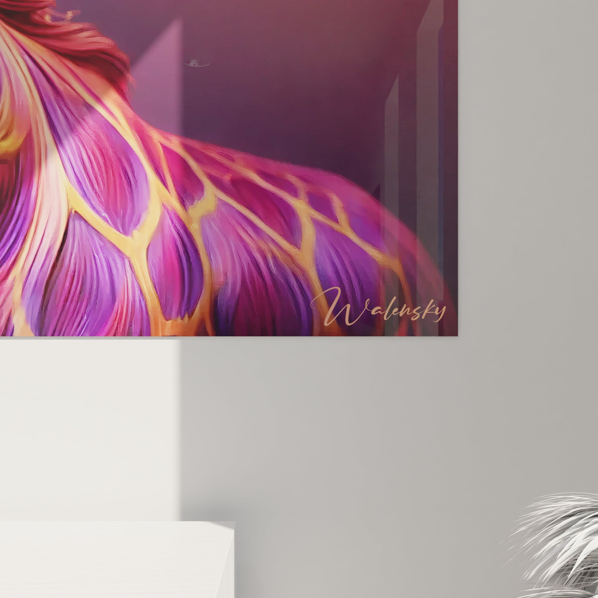 Gros plan d'un tableau girafe révélant des textures fluides sculpturales et des couleurs vives violet or rose et orange une ode à la lumière et à la créativité artistique.
