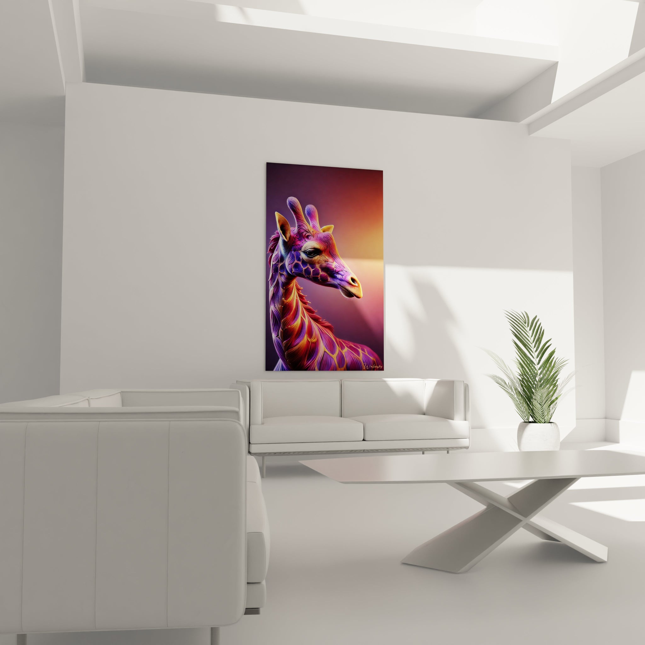 Tableau girafe suspendu dans un salon moderne au-dessus d'un canapé pièce maîtresse colorée fusionnant réalité et imaginaire dans des tons vibrants violet or rose et orange.
