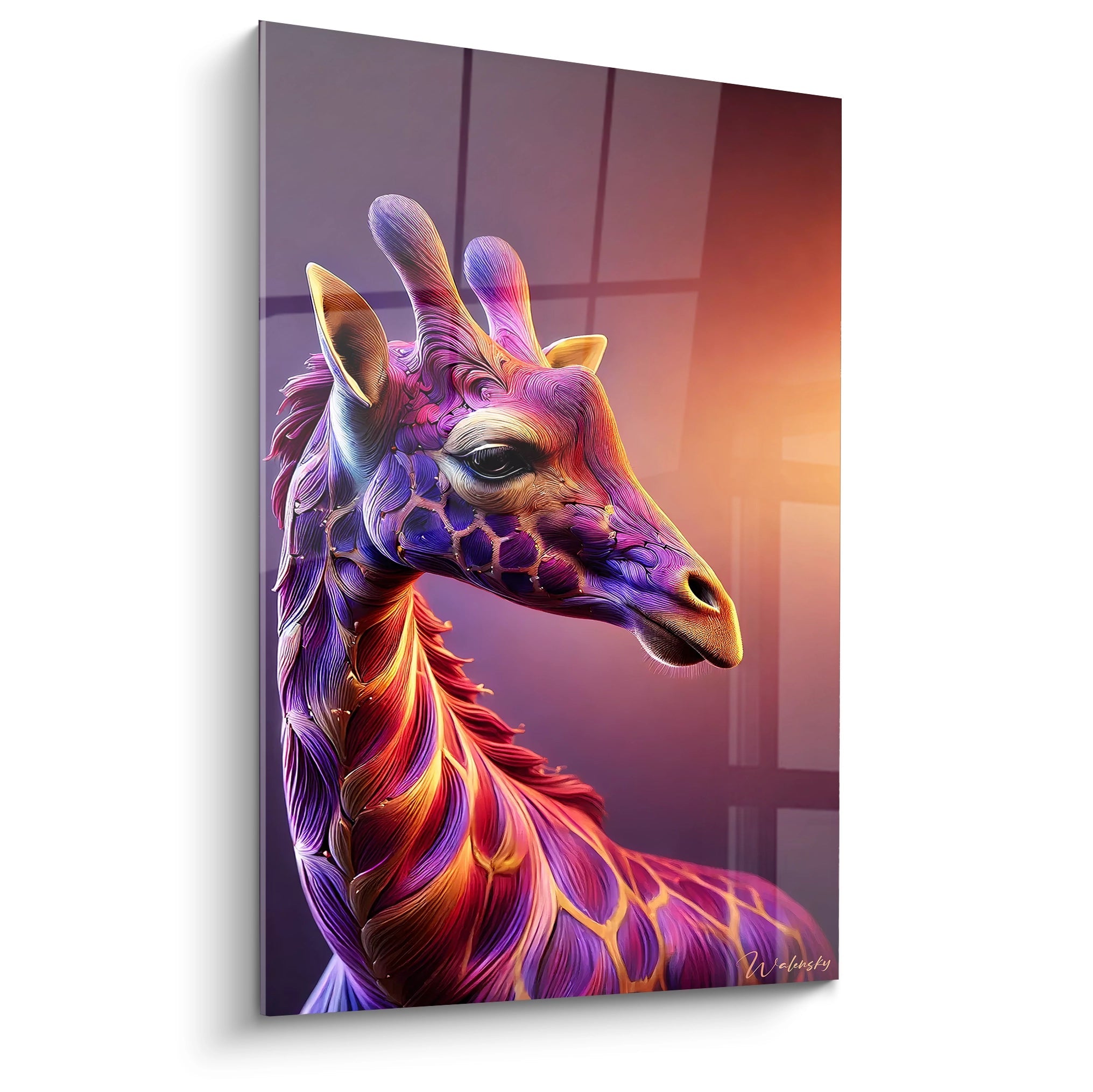 Vue de biais d'un tableau girafe vibrant violet or rose et orange aux formes ondulées style contemporain magique et surréaliste capturant la majesté et l'énergie de cet animal.
