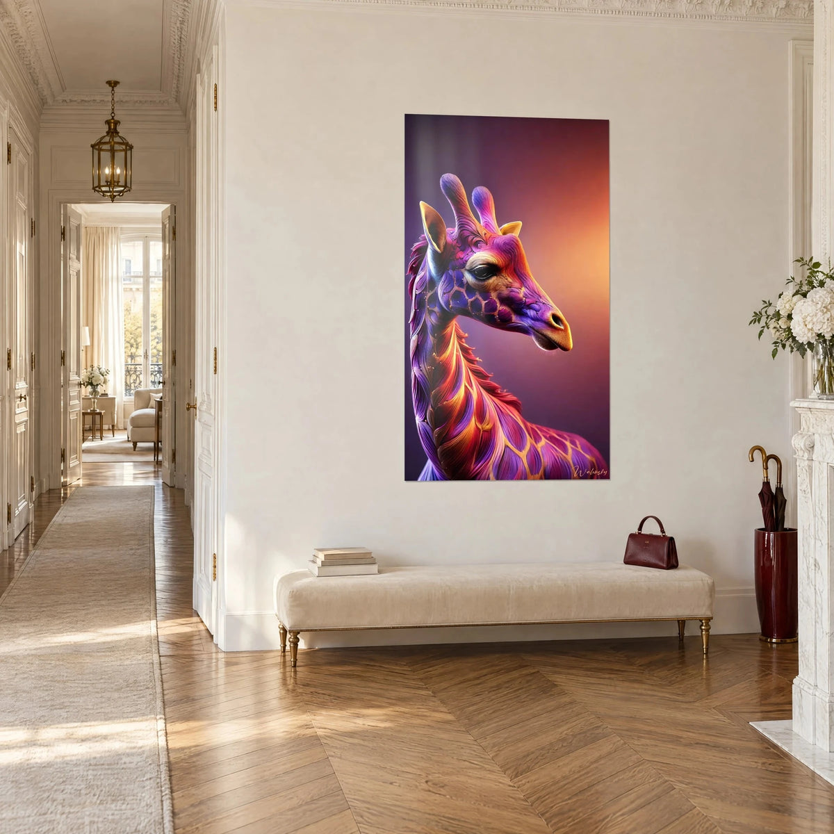 Tableau portrait de girafe pourpre et ambre, cou strié de rouge, cadré en trois-quarts dans un couloir haussmannien