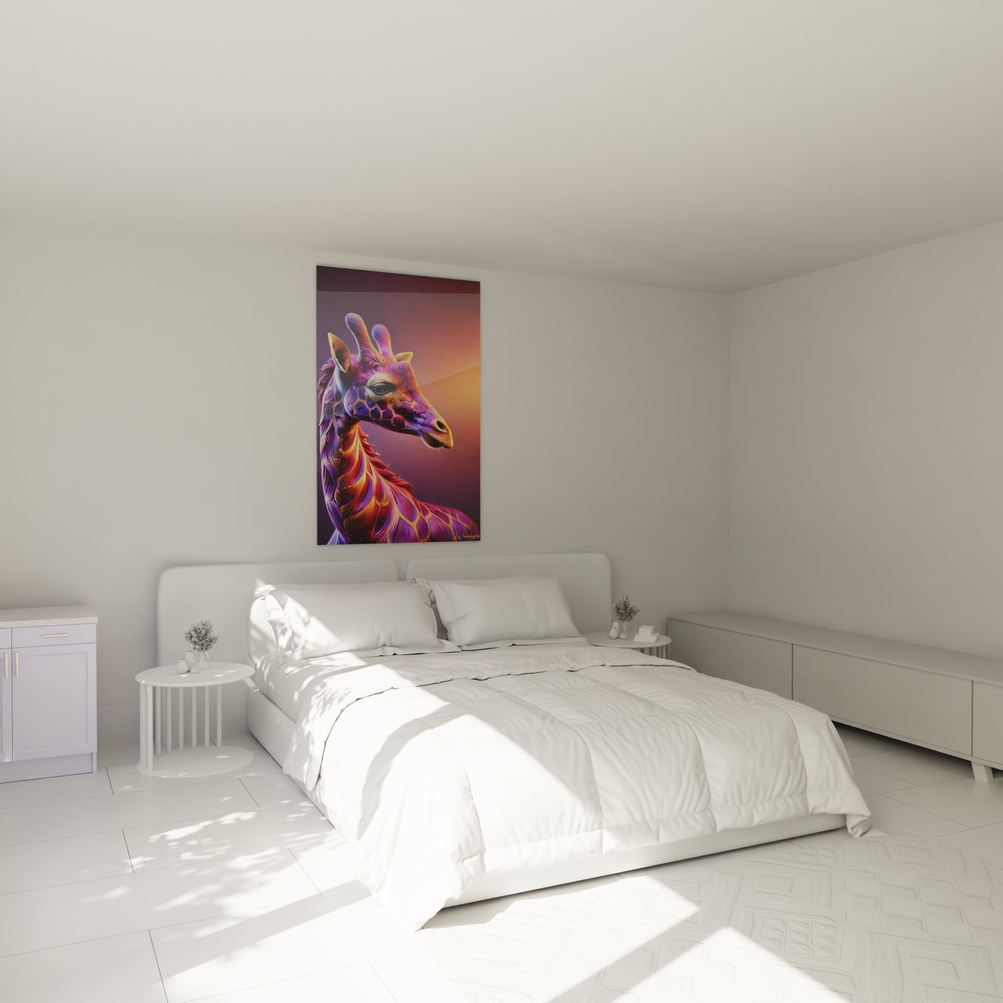 Tableau girafe accroché au mur dans une chambre au-dessus d'un lit créant une ambiance apaisante et chaleureuse avec des couleurs éclatantes violet or rose et orange style contemporain onirique.
