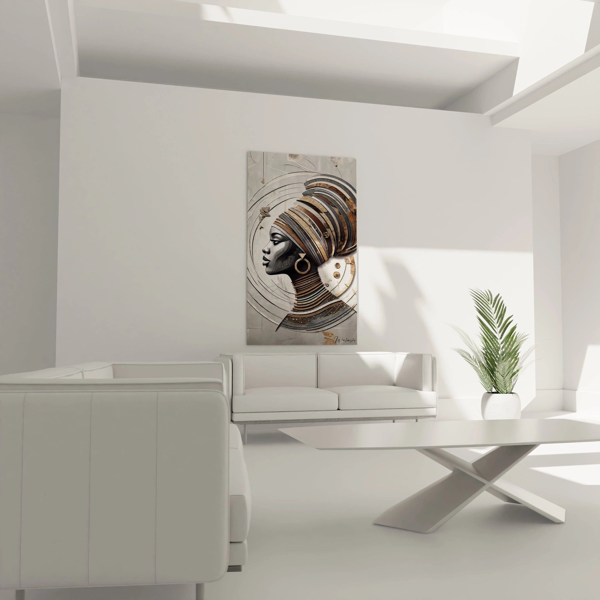 Dans un salon moderne, ce tableau africain au-dessus du canapé crée une ambiance raffinée avec ses textures profondes et ses couleurs terreuses inspirées des paysages africains.

