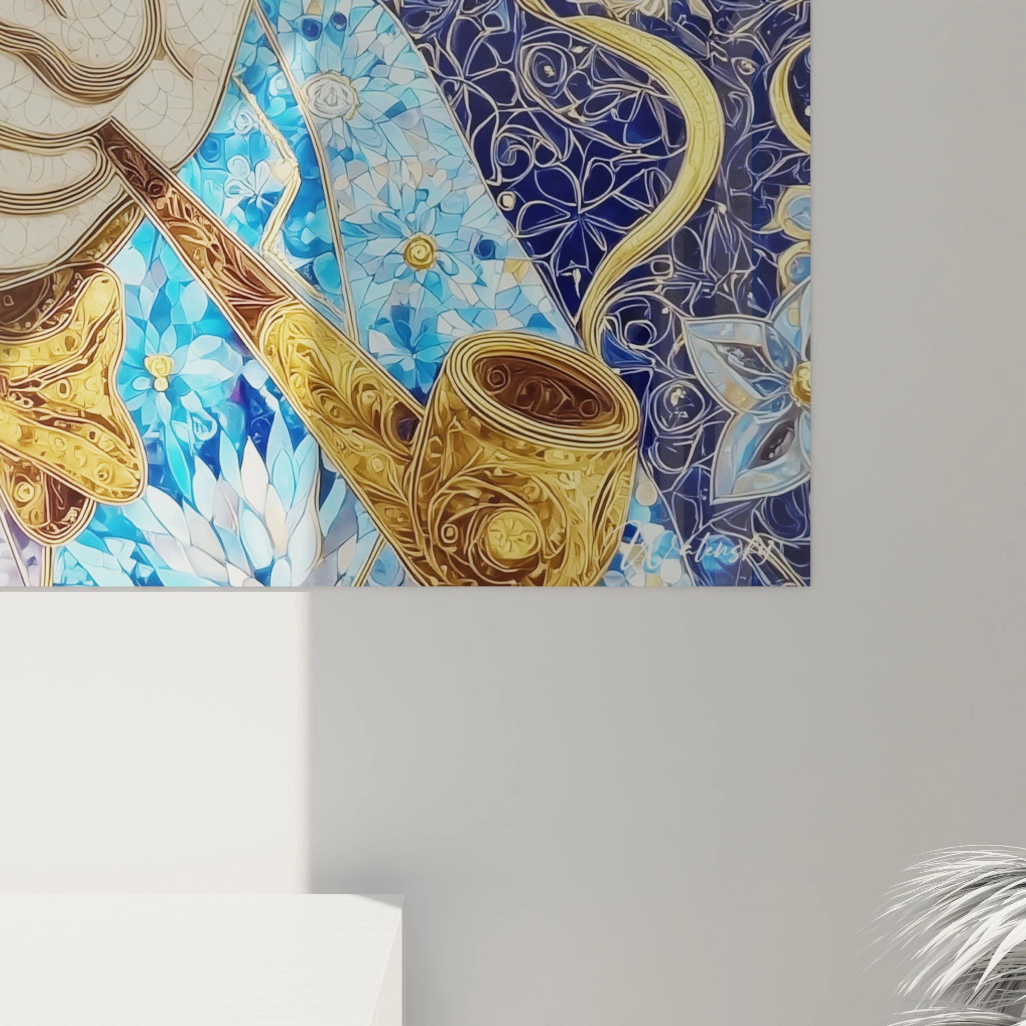 Walensky tableau mural décoratif avec pipe dorée et motifs floraux bleus tableau portrait gentleman fleuri