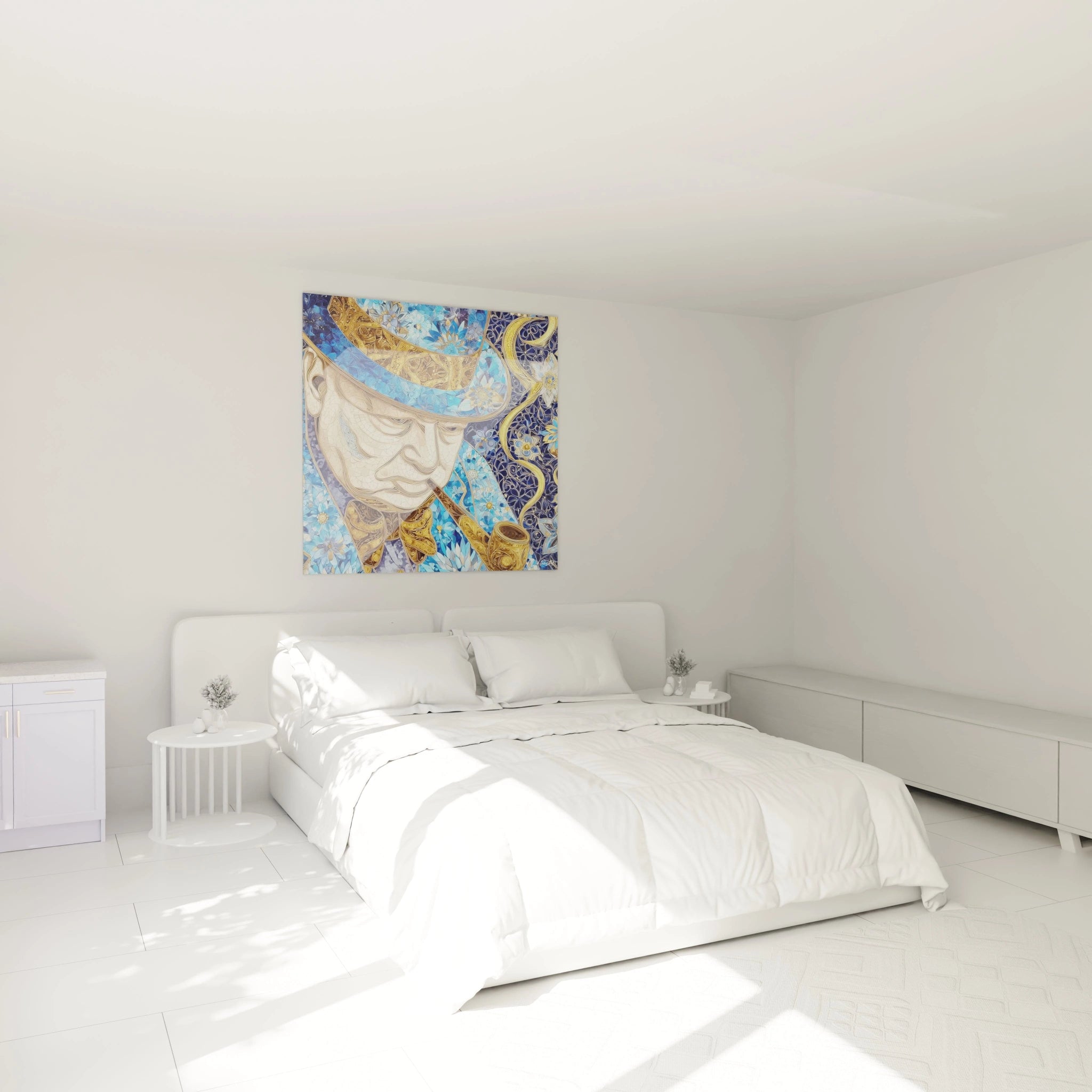 tableau portrait gentleman fleuri Walensky accroche au dessus d un lit blanc minimaliste