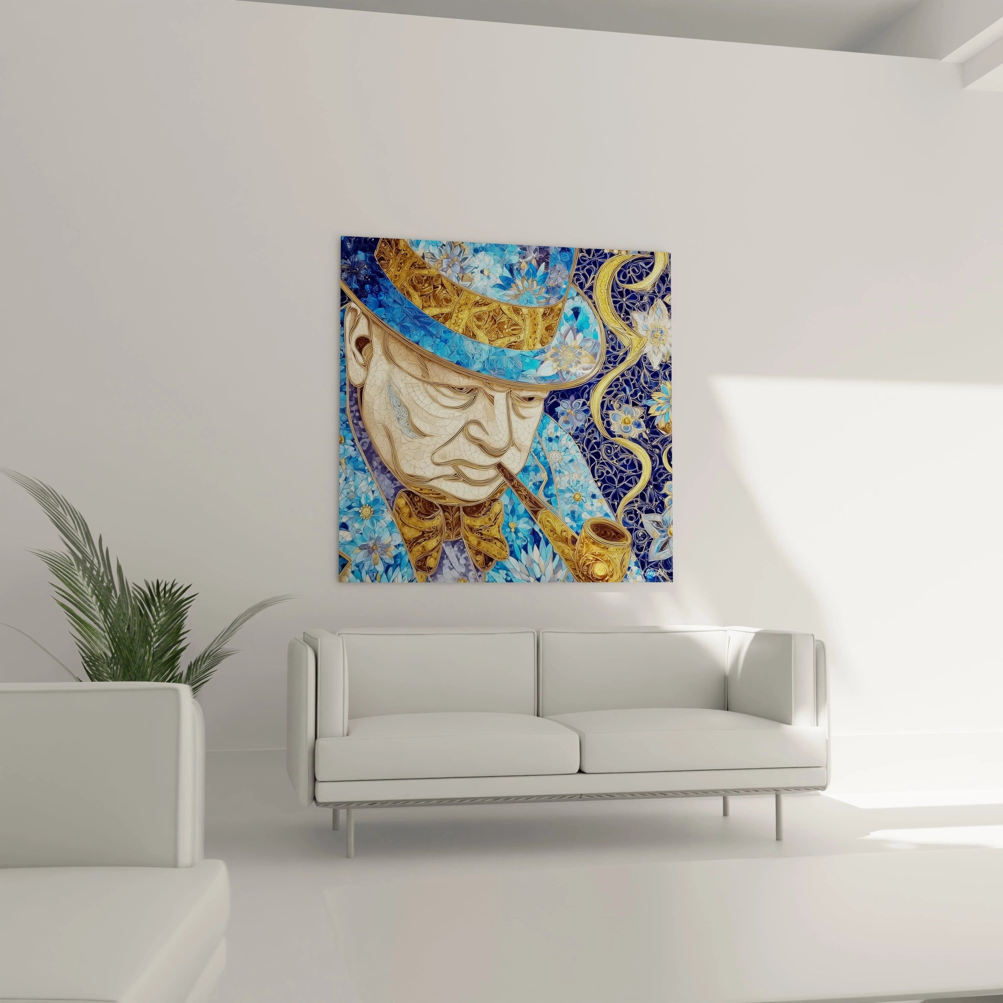 Tableau mural Walensky tableau portrait gentleman fleuri peinture carre bleu et or homme au chapeau et pipe